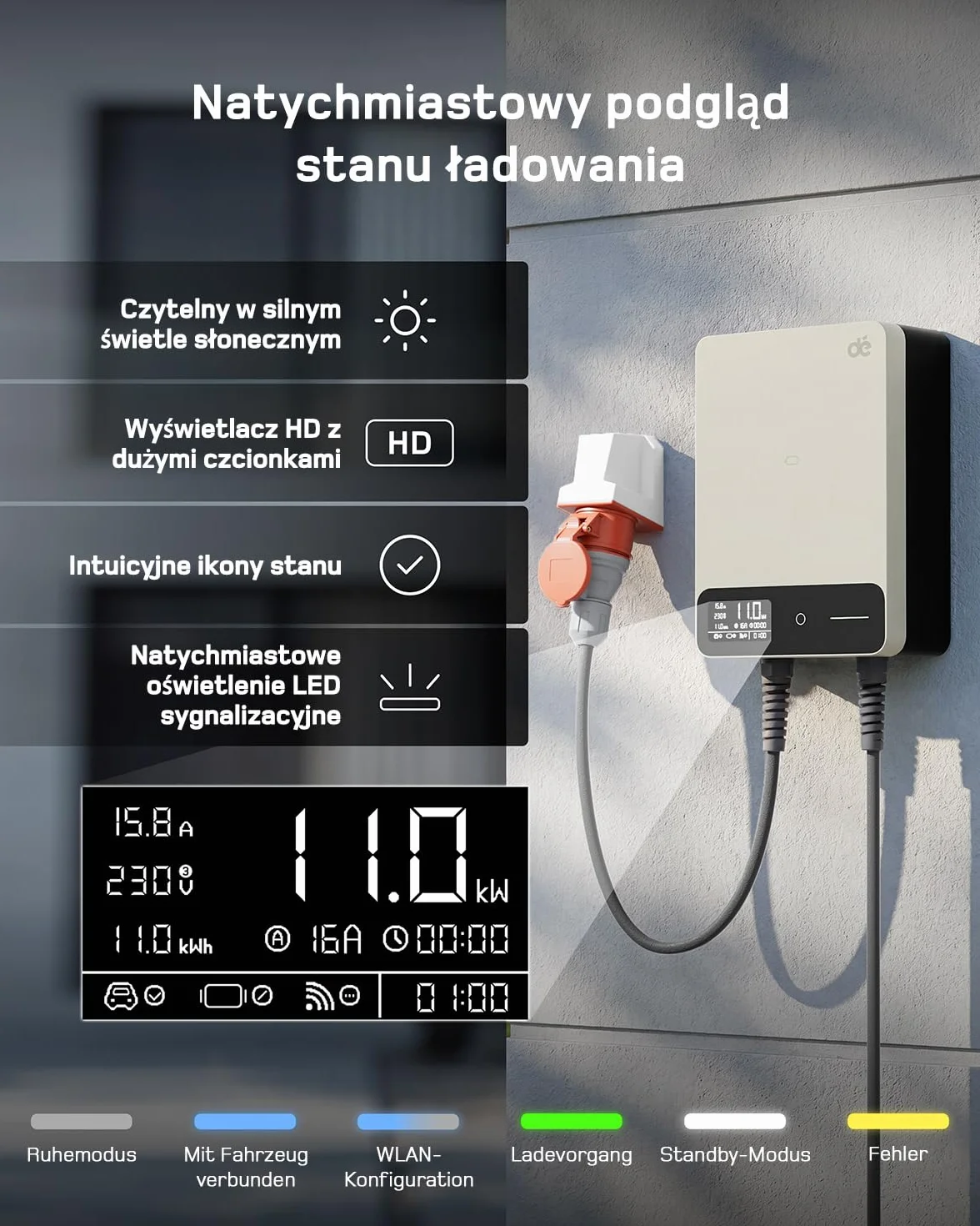 dé Skrzynka ścienna typu 2, 11 kW, z aplikacją i RFID, 6-16 A, 3-fazowa ładowarka EV, 400 V z kablem do ładowania 7 m i uchwytem na kabel do ochrony BEV/PHEV, RCD typu B i IP54, wydajna stacja