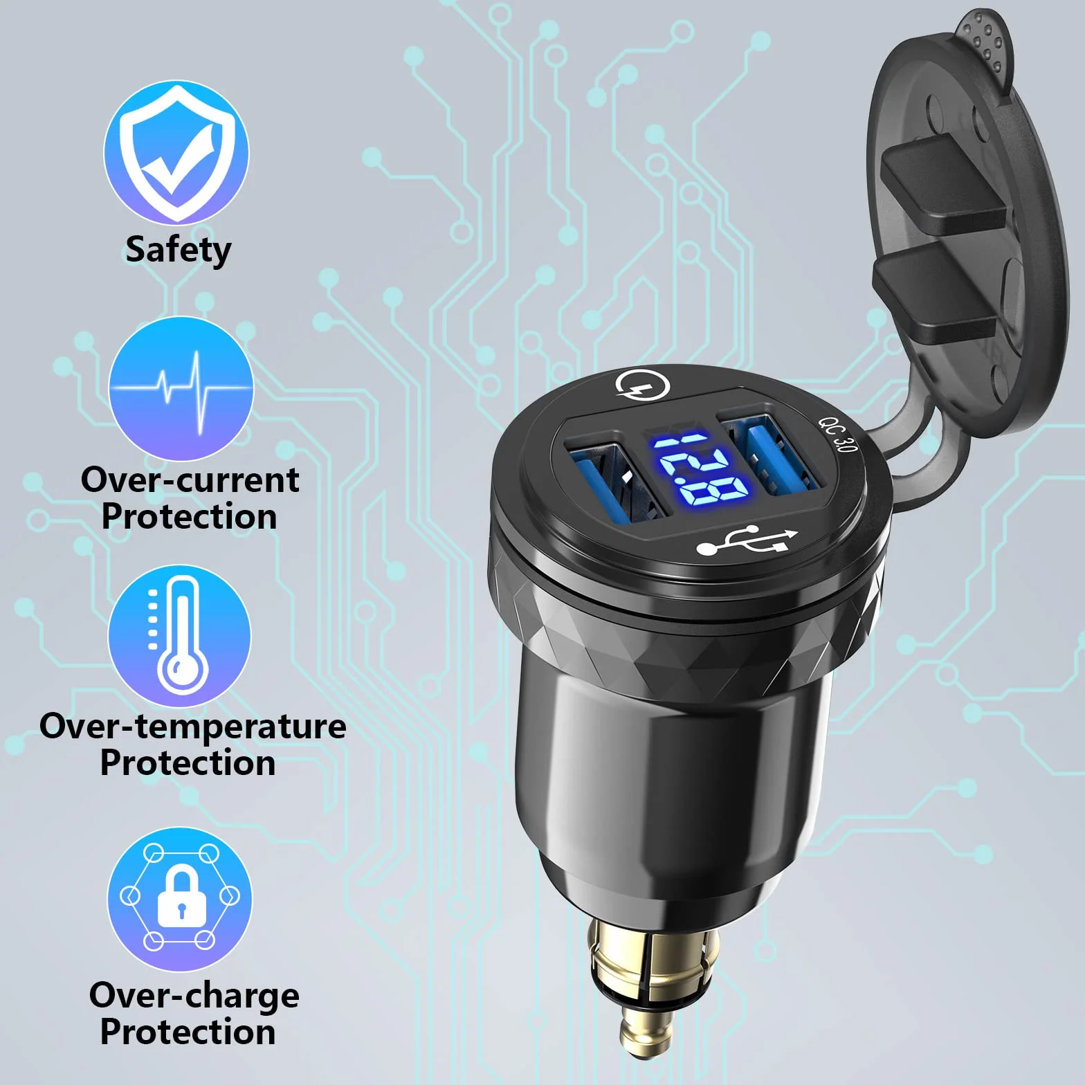 Aluminiowa wtyczka motocyklowa DIN Hella Dual QC3.0 USB Ładowarka LED Voltmeter 12V/24V BMW Ducati