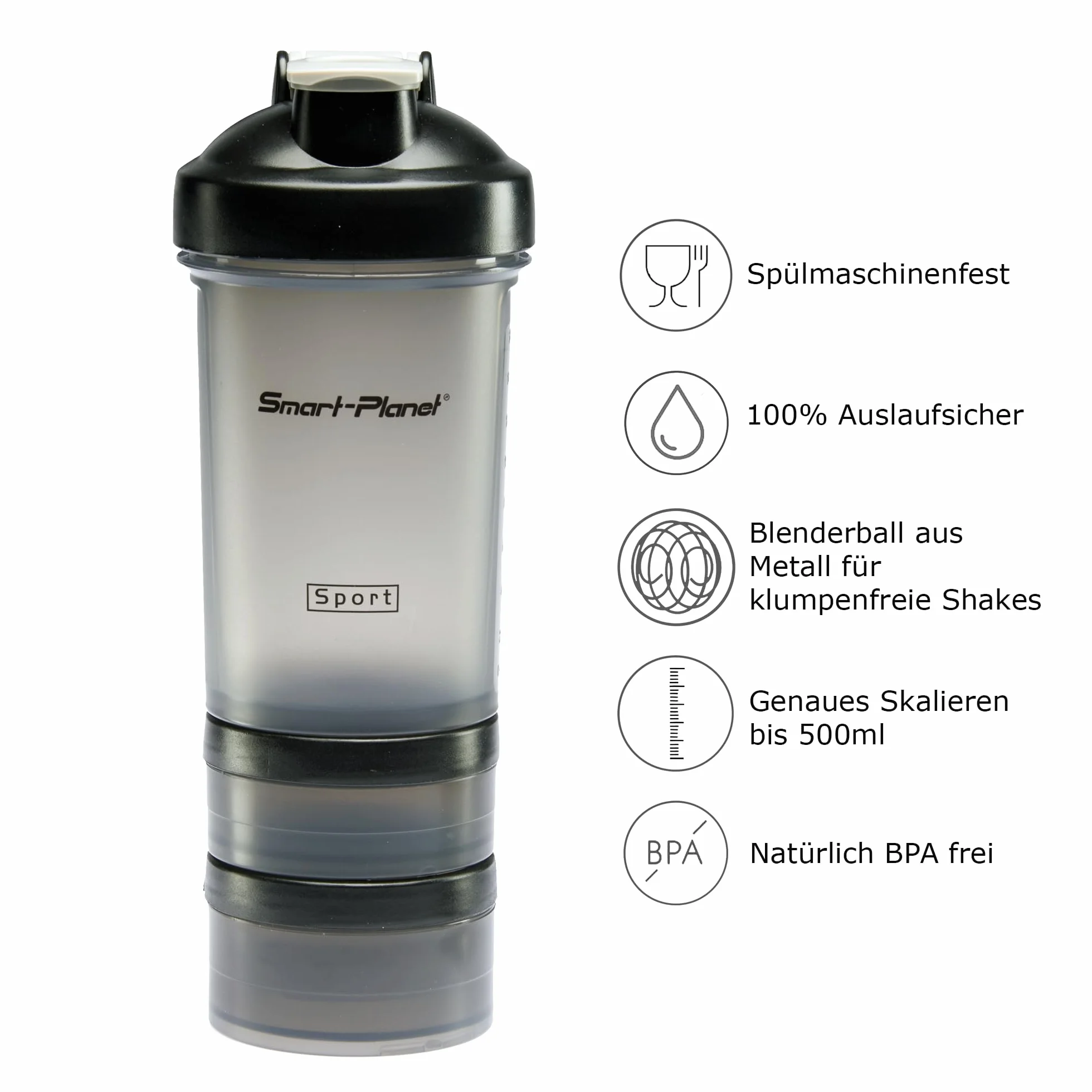 Smart-Planet Shaker 500 ml z przegródkami na suplementy, bez BPA, do mycia w zmywarce
