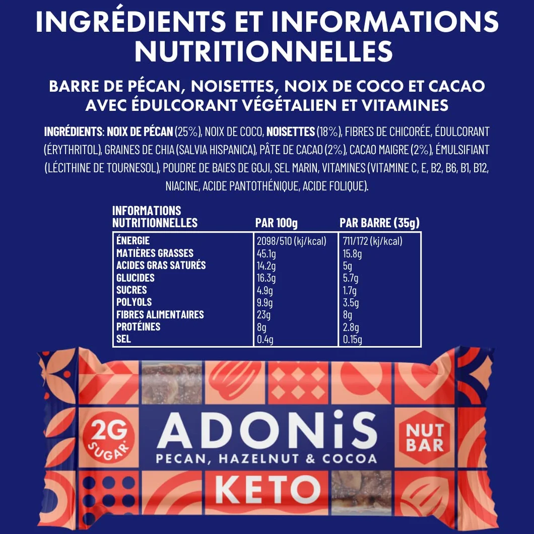 Adonis Keto Bar Pecan Nut Snack Bars 100% Natural Low Carb Vegan Gluten Free Low Sugar Paleo Box of 16