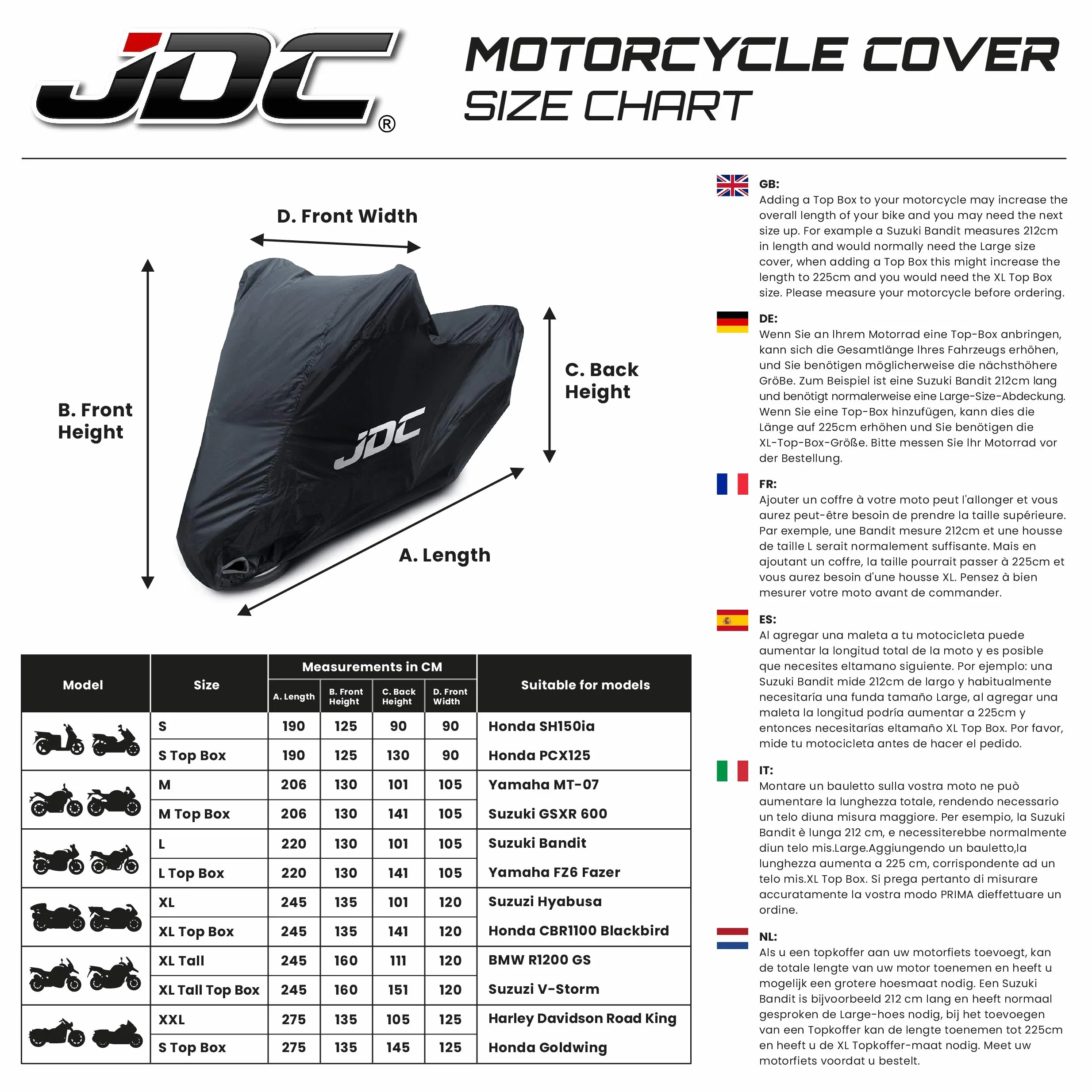 JDC Wodoodporny Pokrowiec na Motocykl - Czarny – Rain - XL Tall Top Box