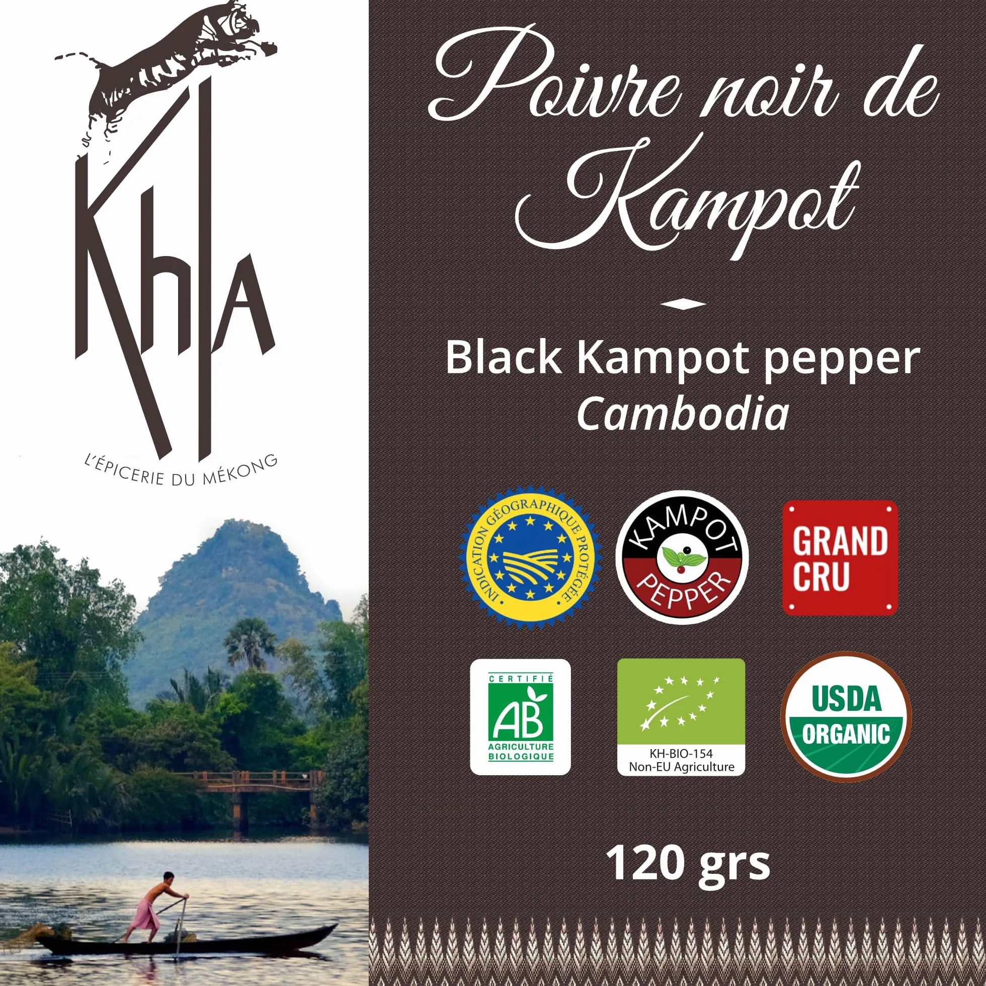 Khla - Kampot pieprz czarny bio 120 g - czarny pieprz całkowicie organiczny - Grand Cru - składnik kuchni - bezpośrednio od producenta - całe ziarna do młynka - z Kambodży
