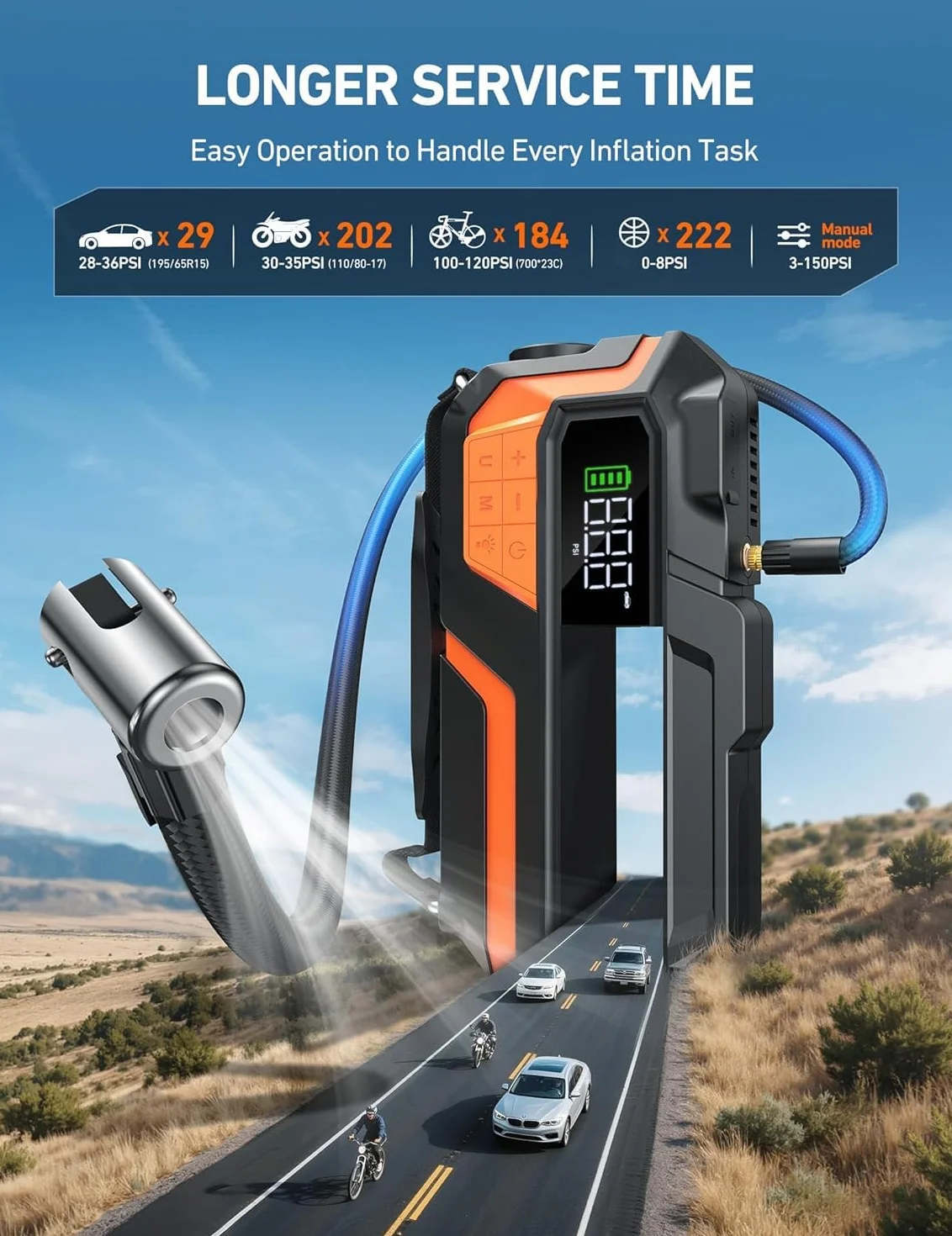 AstroAI MF16 Booster Rozrusznik 6000A i 150PSI Przenośna sprężarka powietrza, awaryjny rozrusznik do samochodów/motocykli (10 l benzyny/8 l oleju napędowego) z latarką LED i wyświetlaczem