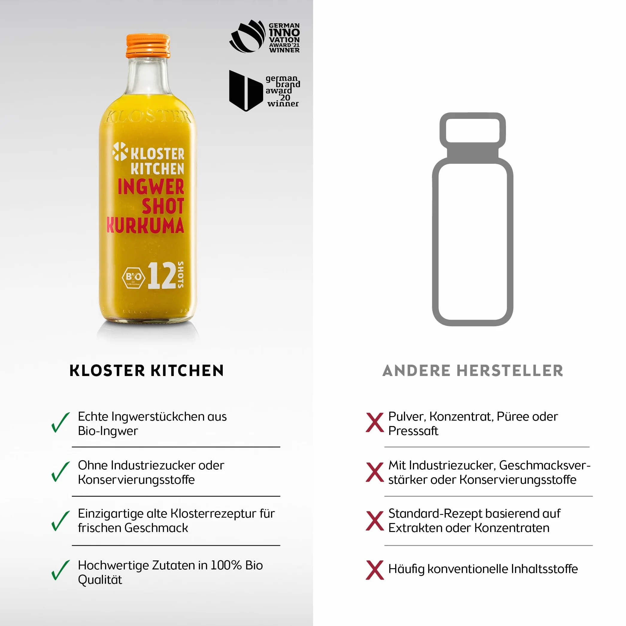 Kloster Kitchen Bio imbir Shot Kurkuma 6 x 360 ml z prawdziwymi kawałkami imbiru, szotki imbiru z kurkumą w szklanej butelce