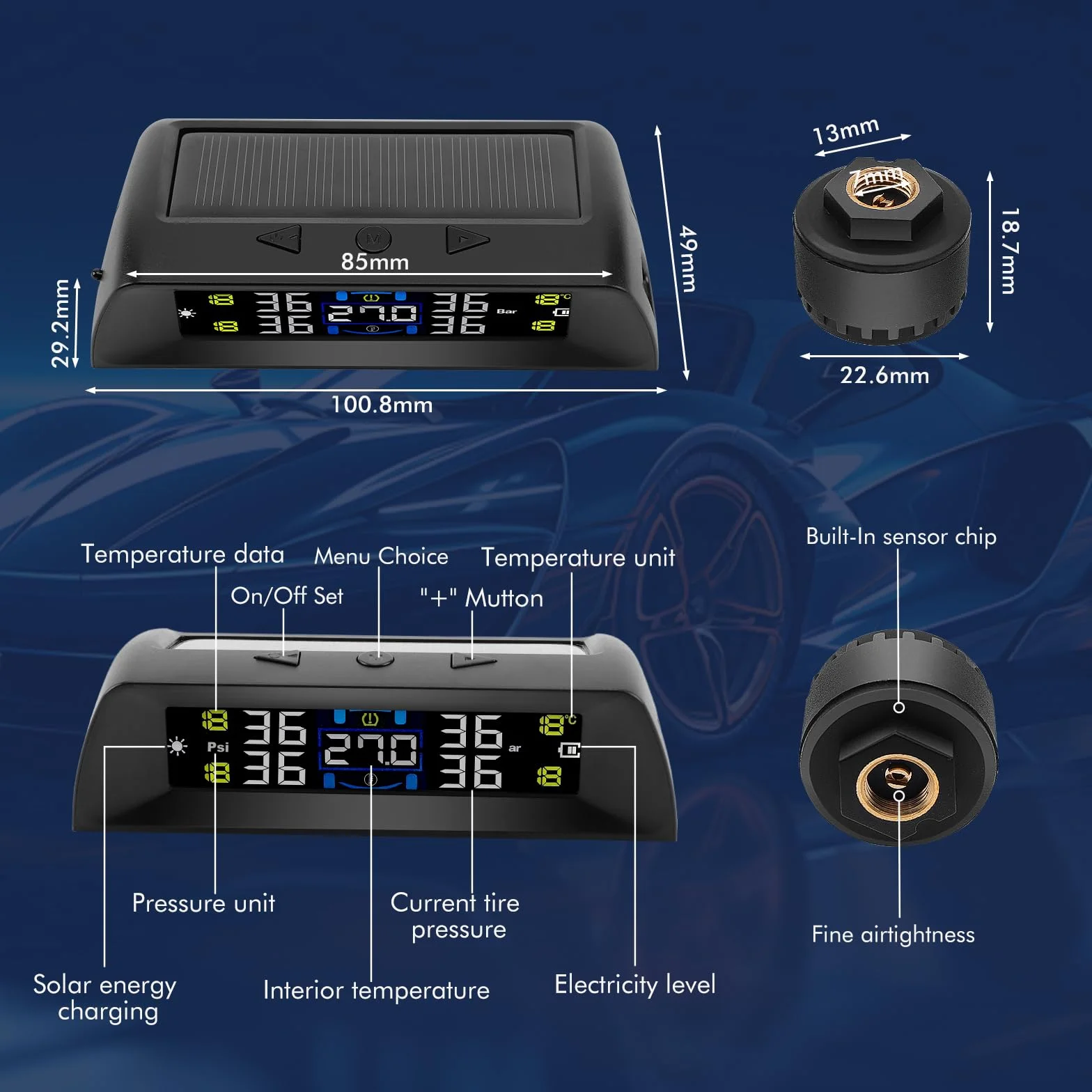 KAOLALI System monitorowania ciśnienia w oponach, TPMS z monitorowaniem temperatury w samochodzie, ładowarka solarna i USB, 4 zewnętrzne czujniki opon, automatyczne włączanie/wyłączanie, do kampera