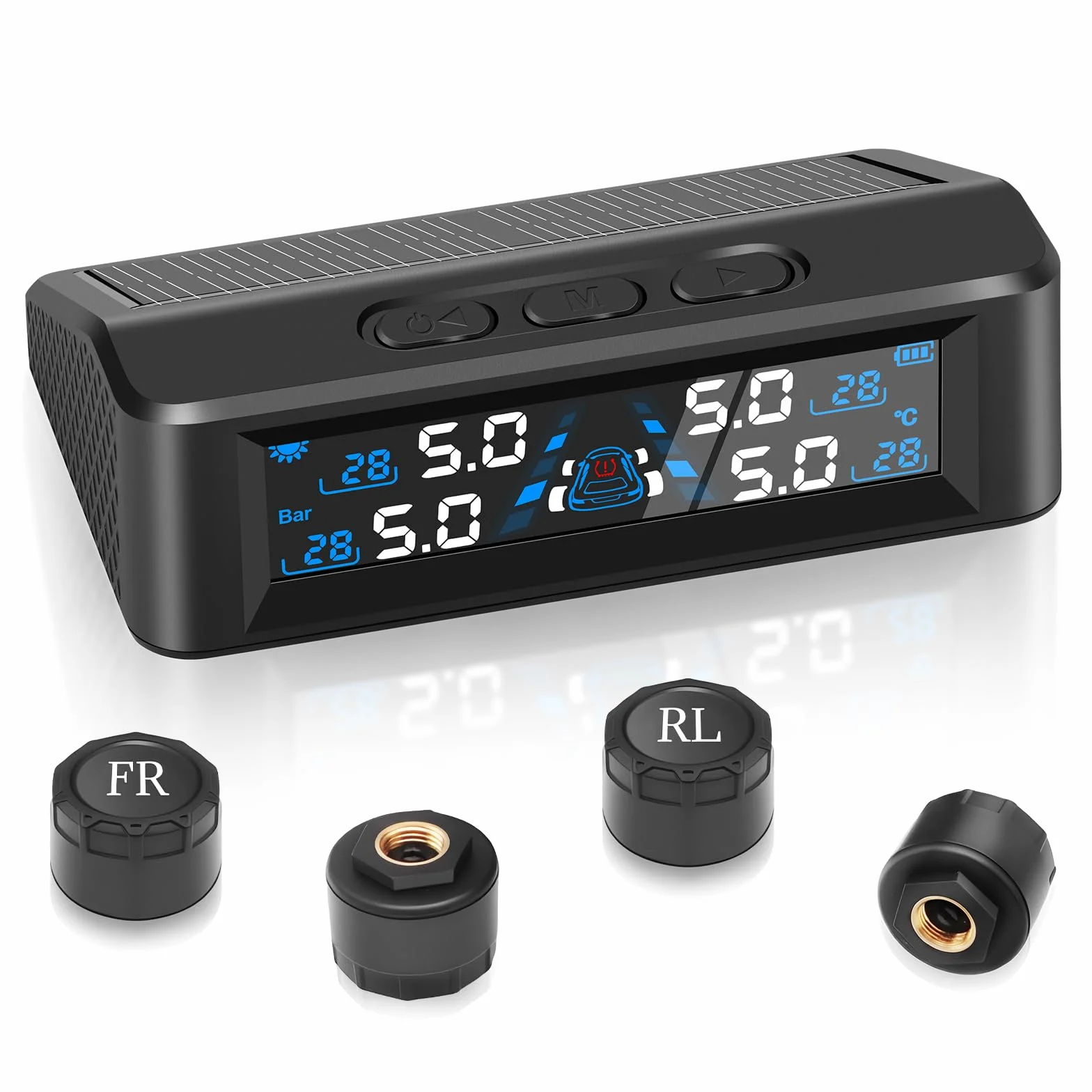 TPMS system monitorowania ciśnienia w oponach, ładowanie energią słoneczną/USB, alarmy w kabinie, alarmy temperatury, do kampera, sedana, SUV, MPV, przyczepy, motocykla itp., 4 czujniki
