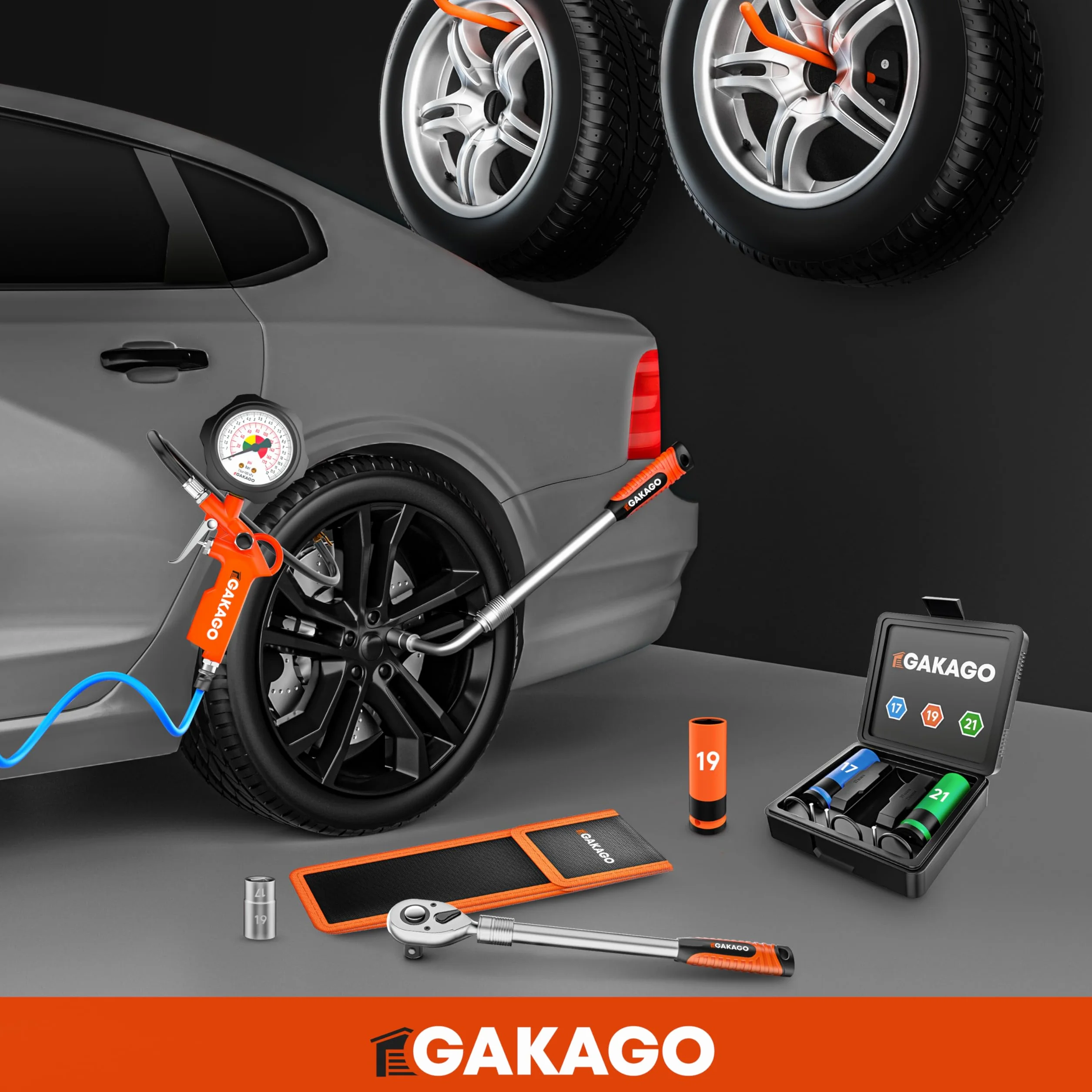 Gakago Teleskopowy zestaw kluczy do nakrętek kół z nasadkami 17/19 mm i 21/23 mm 1/2 cala - Bardzo długi, wysuwany klucz do kół - Praktyczna torba do przechowywania z rzepem i pętelką do zawieszania