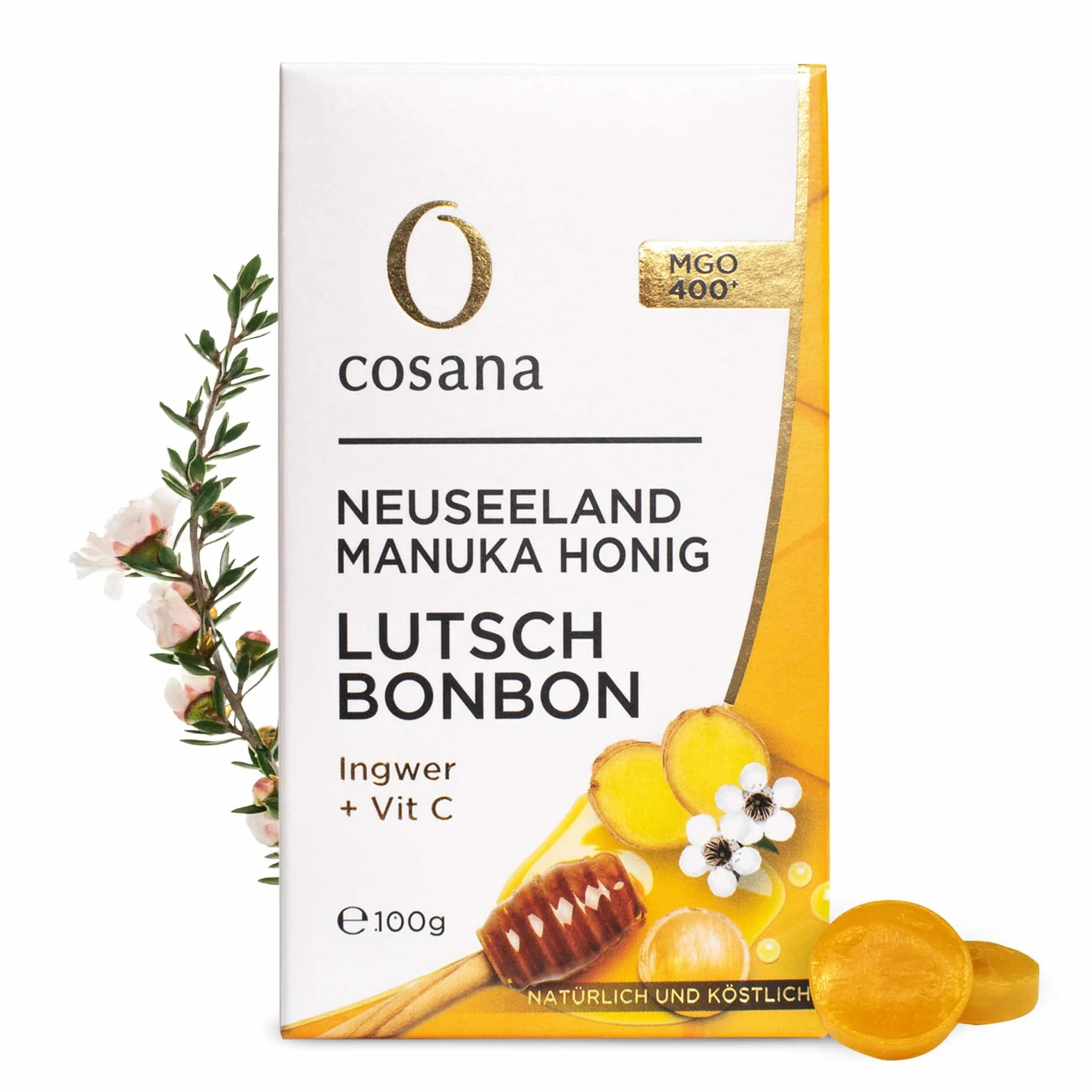 Cosana Manuka Miód 400 MGO Cukierki + Imbir i Witamina C 100g