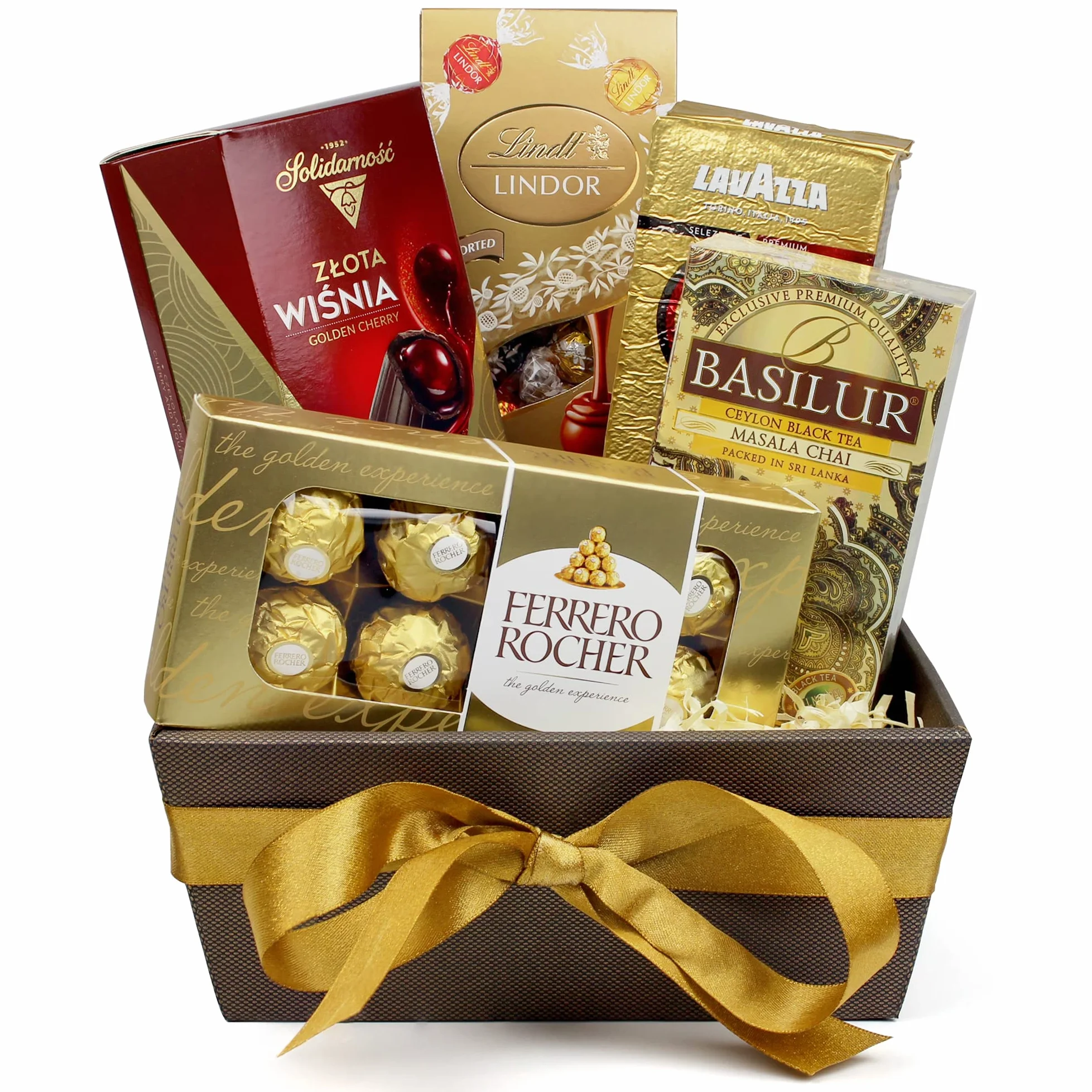 Zestaw prezentowy Golden Kollektion - 5 różnych produktów - 3 pudełka czekolady, ekskluzywna kawa Lavazza i czarna herbata cejlońska Basilur - Ferrero Rocher - dla kobiety - dla mężczyzny