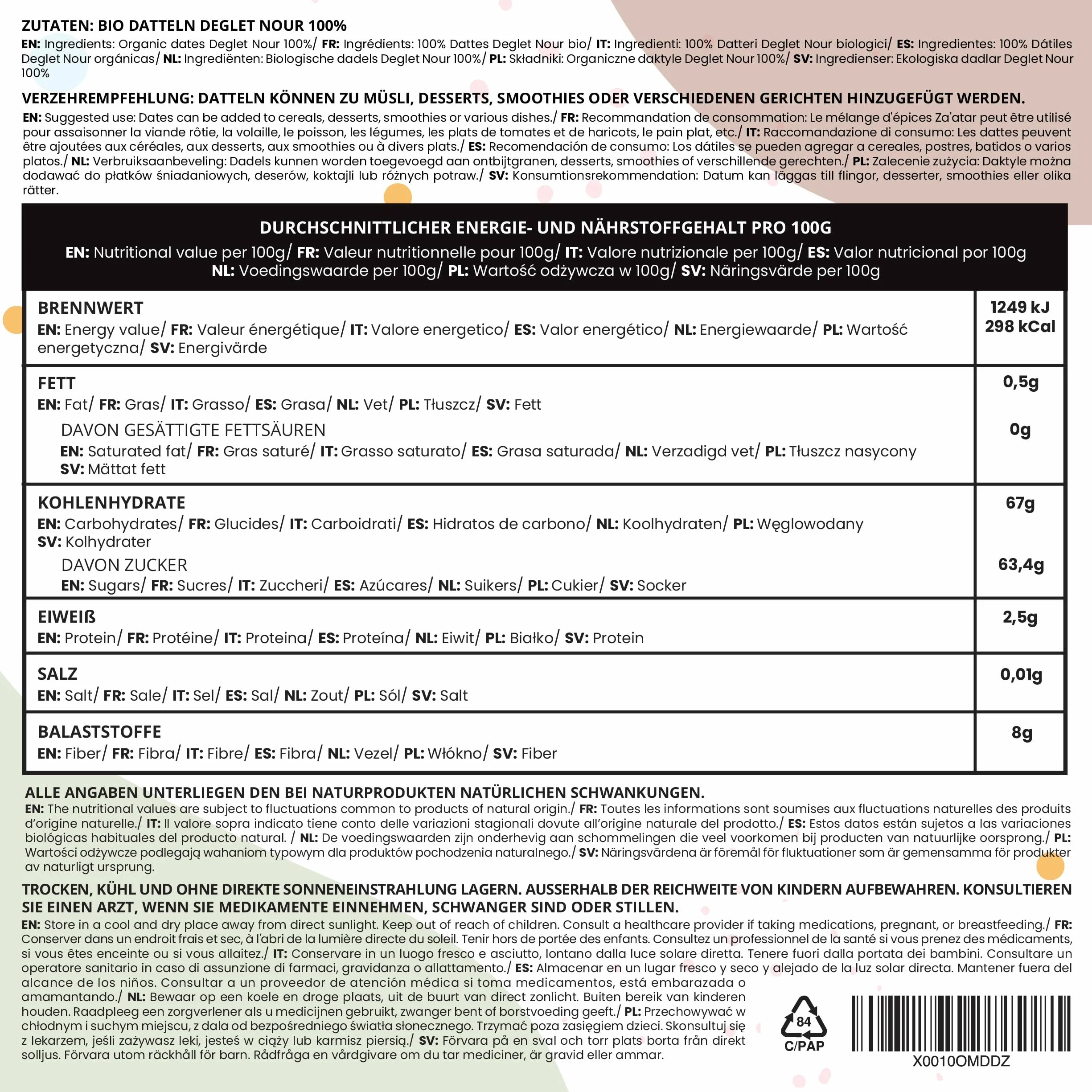IDDA Herbal Ekologiczne Drylowane Daktyle 500g, Suszone Daktyle Bez Pestek, Gotowa do Spożycia Przekąska Owocowa