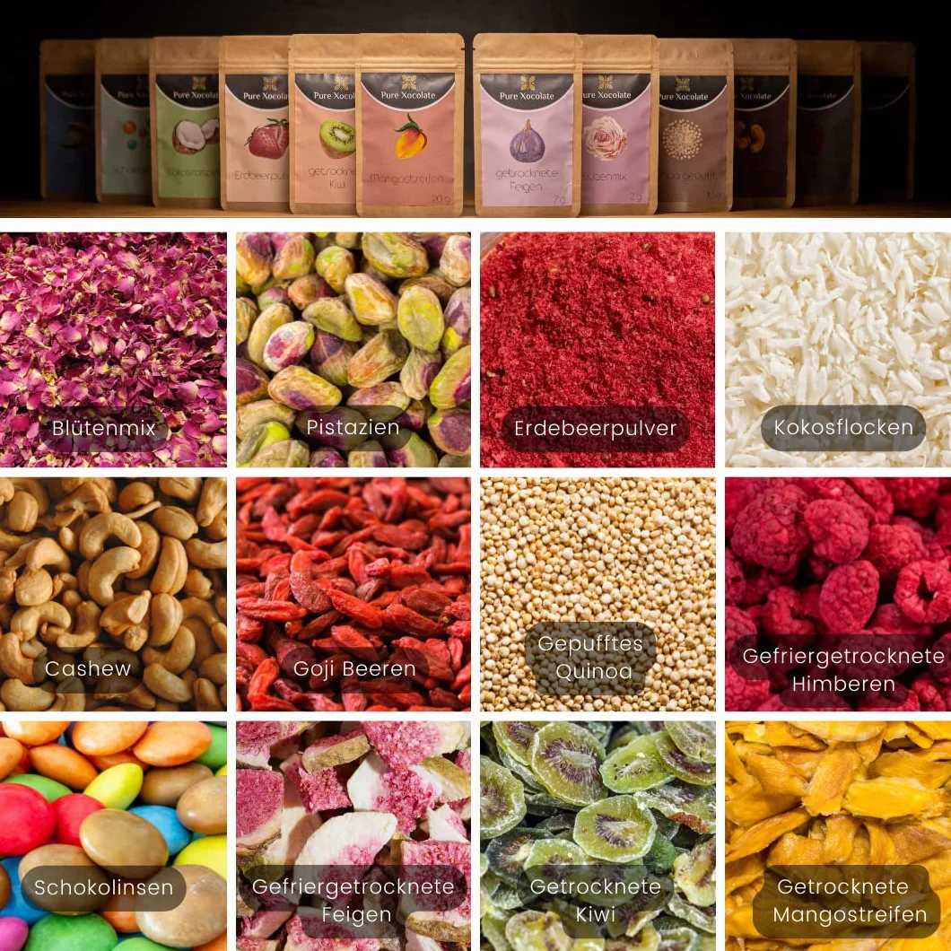 Pure Xocolate Dekoracyjne toppingi – zestaw 12 sztuk, niesłodzone dekoracje do ciast, babeczek, smoothie, czekolady, owsianki, suszone owoce bez dodatków, prezent dla piekarzy hobbystów