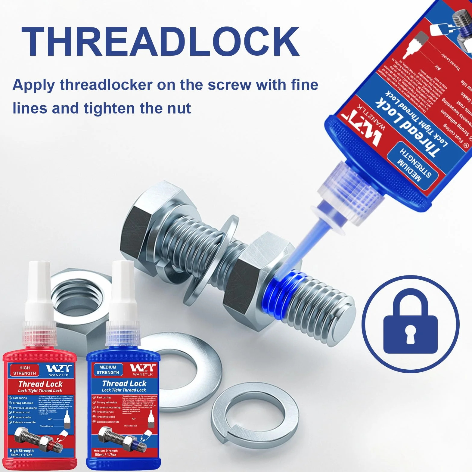 2 x 50 ml zabezpieczenie śrub, średnio-trwałe i wysokiej wytrzymałości, środek zabezpieczający śrubę Locktight do wypełniania szczelin i dokręcania śrub i nakrętek (ThreadLocker Blue and Red)