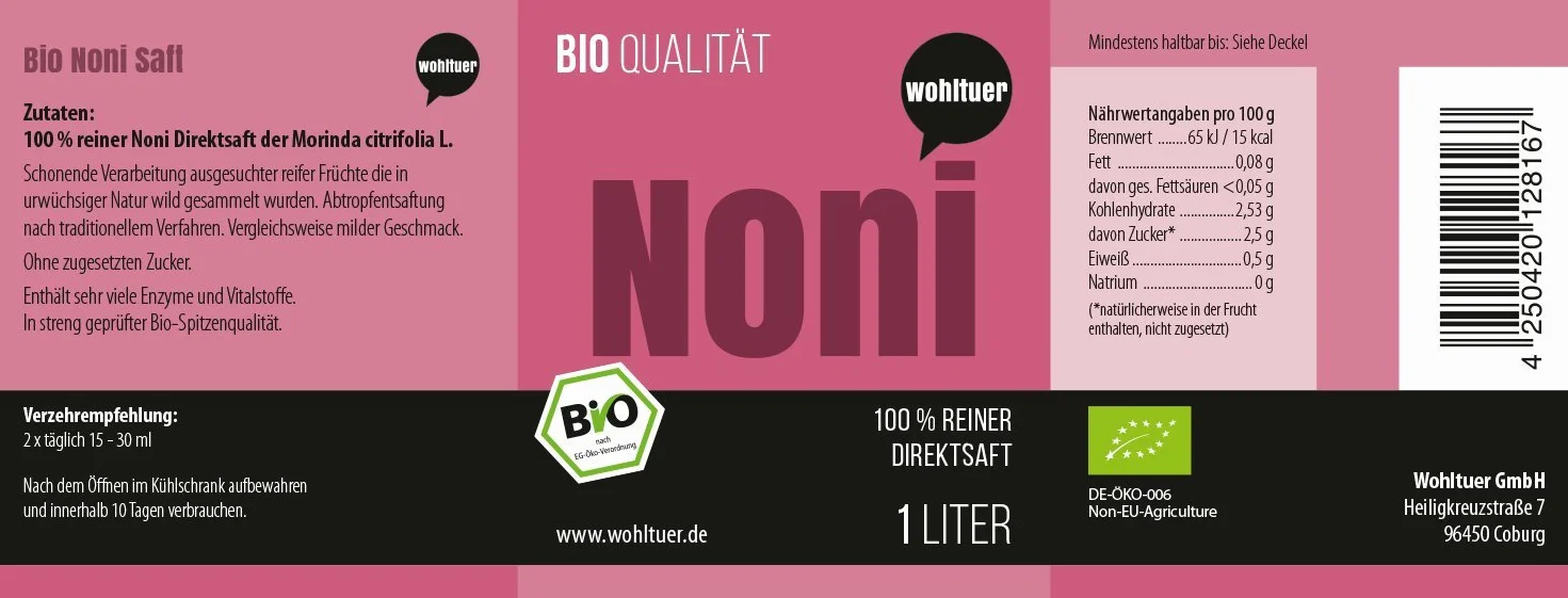 Wohltuer Noni sok Bio 100% czysty bezpośredni DE-ÖKO-006