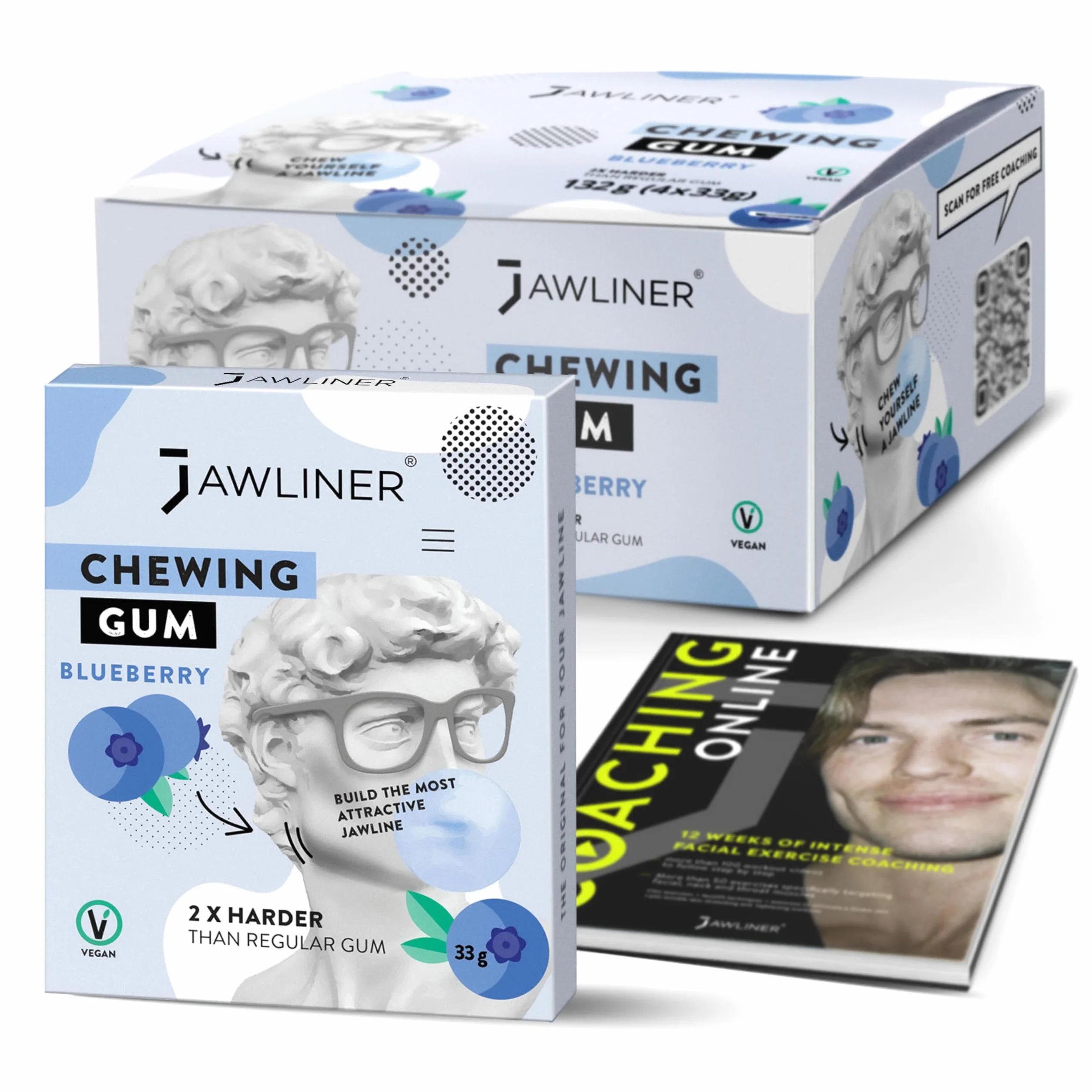 Jawliner® Twarda Guma do Żuchwy – Bez Cukru – Jagodowa – Guma Ćwicząca Mewing – 2x Twardsza niż Zwykła Guma – 130 g (48 pasków)