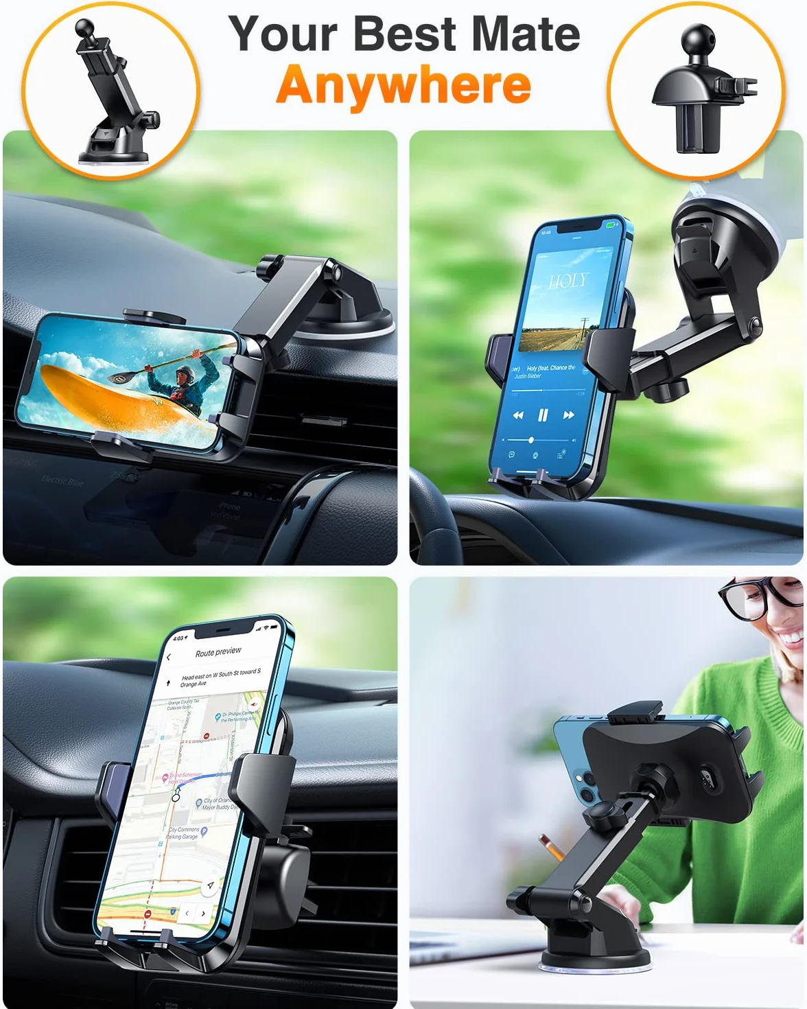Vanmass samochodowy uchwyt na telefon komórkowy, uchwyt na telefon 3 w 1, na wentylację/przyssawkę, 100% silikonowa ochrona, do iPhone’a / Samsunga / Huawei Mate; LG.