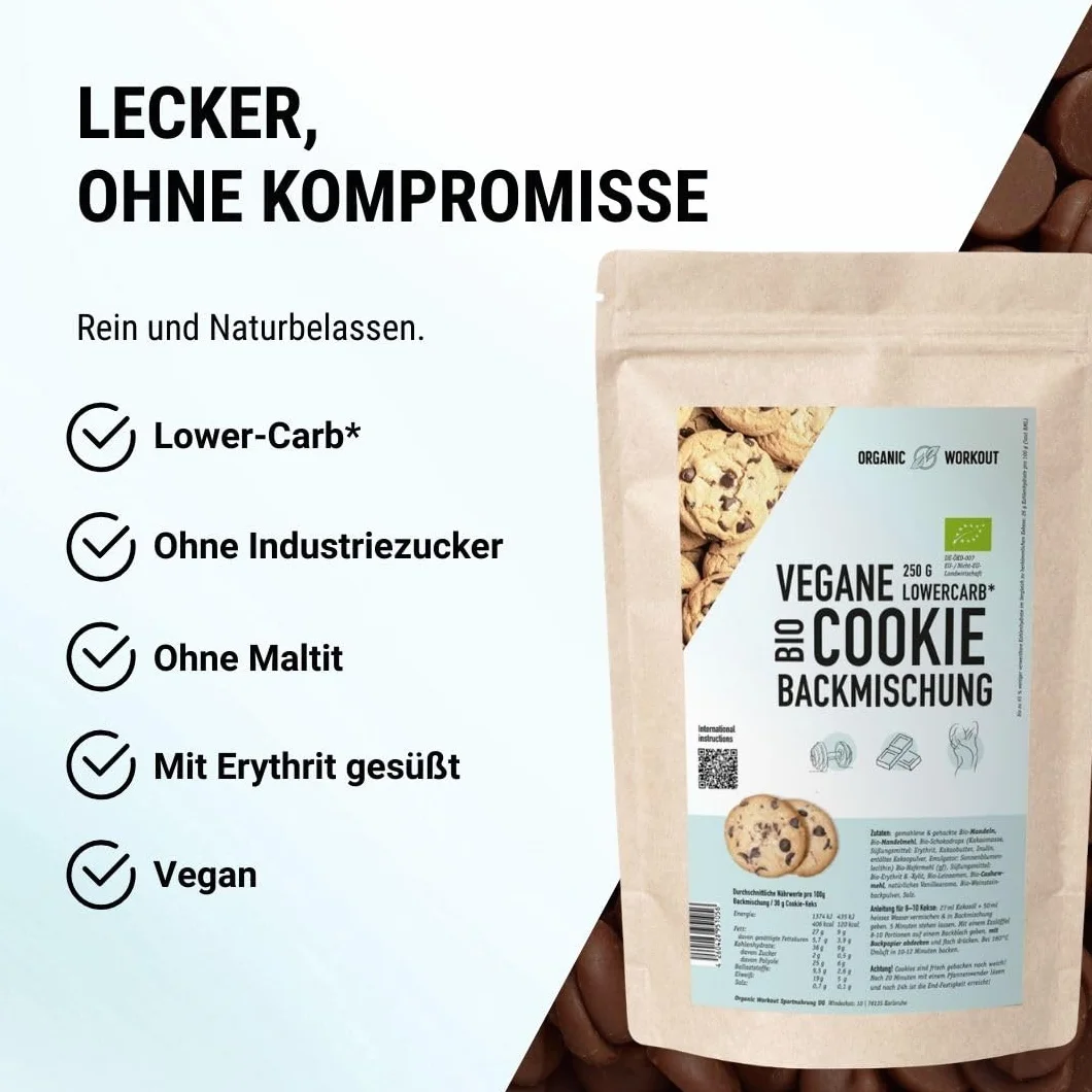 Ekologiczna mieszanka ciasteczek czekoladowych keto, bezglutenowa, wegańska, bez cukru, z errytrytlem i mąką migdałową