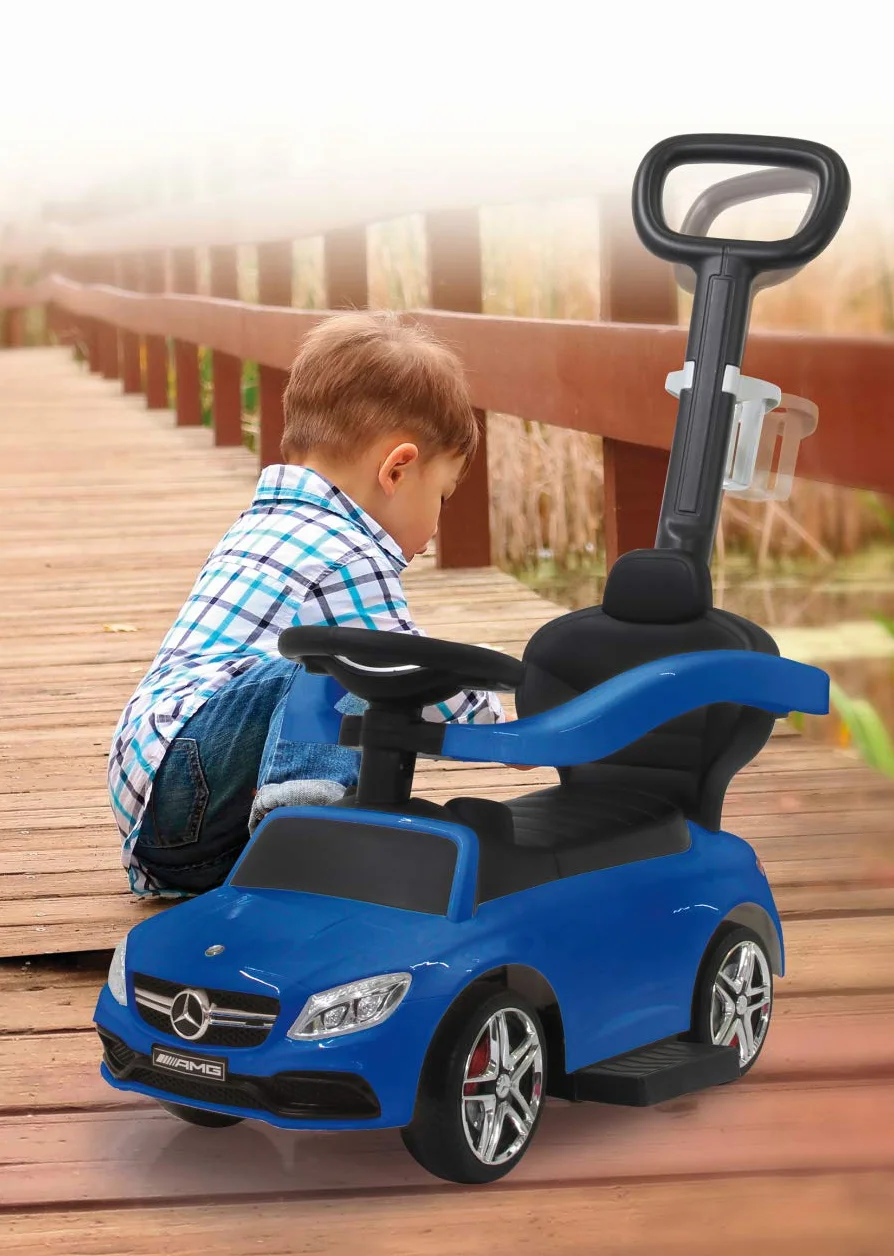 JAMARA 460447 – zjeżdżalnia Mercedes-AMG C 63 3 w 1 – ochrona przed przewróceniem, bagażnik, popychacz i drążek z funkcją kierownicy, oparcie, pałąk ochronny, wysuwany podnóżek, dźwięk/klakson na kierownicy, niebieski