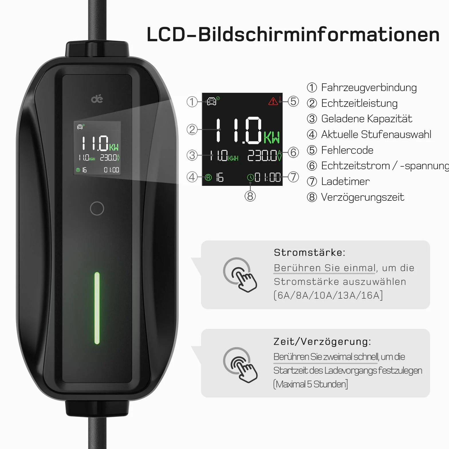 dé Przenośna stacja ładująca 11 kW [3-fazowa | 5,5 m | 6-16 A] z regulowaną mocą ładowania, kabel do ładowania CEE 16A na typ 2 i EV ładowarka do modeli Y/3, ID.3/4/5, MG4, EX30, e-up, e-tron i innych
