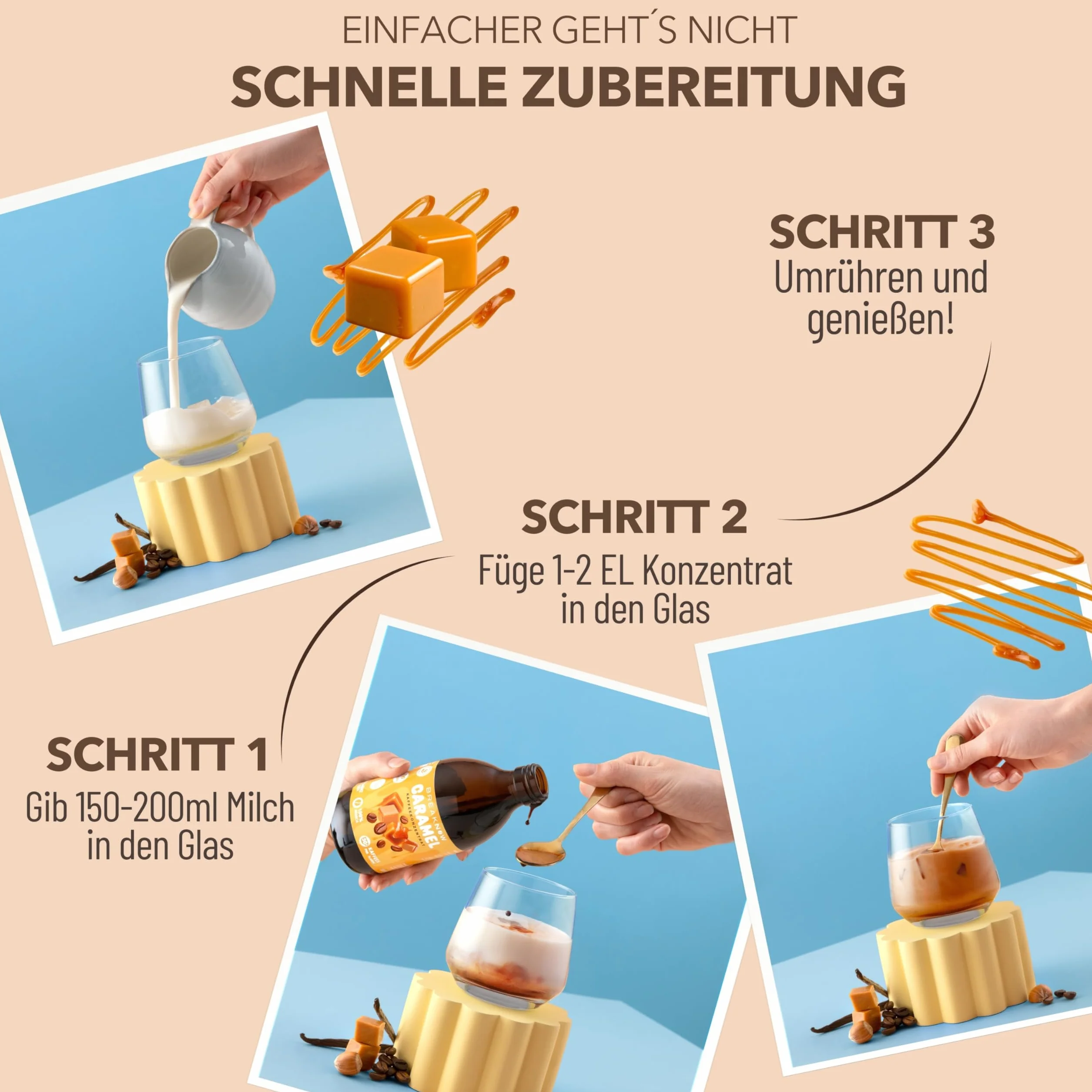 BreakNow – Caramel Macchiato – koncentrat kawy – o pysznym karmelowym aromacie – syrop kawowy, do kawy mrożonej, Cold Brew, Cappuccino, Frappé itd. – kawa gotowa w zaledwie 10 sekund – 1 butelka = 30