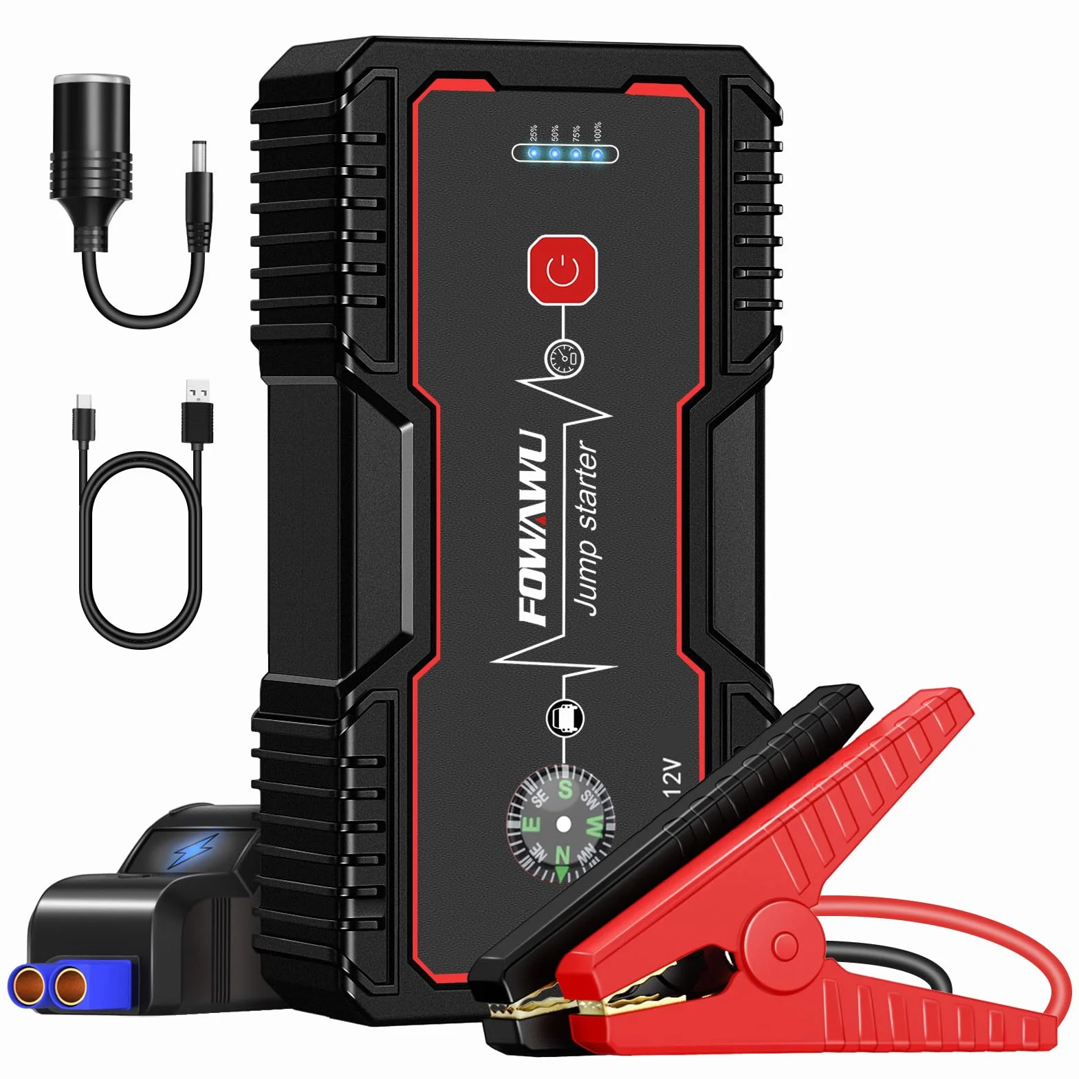 FOWAWU 5000A Peak 25800 mAh wodoodporny rozrusznik samochodowy (do 10 l gazu, 8 l silnik wysokoprężny) z wyświetlaczem LED mocy, USB 3.0 Quick Charge, przenośnym zasilaczem 12 V…