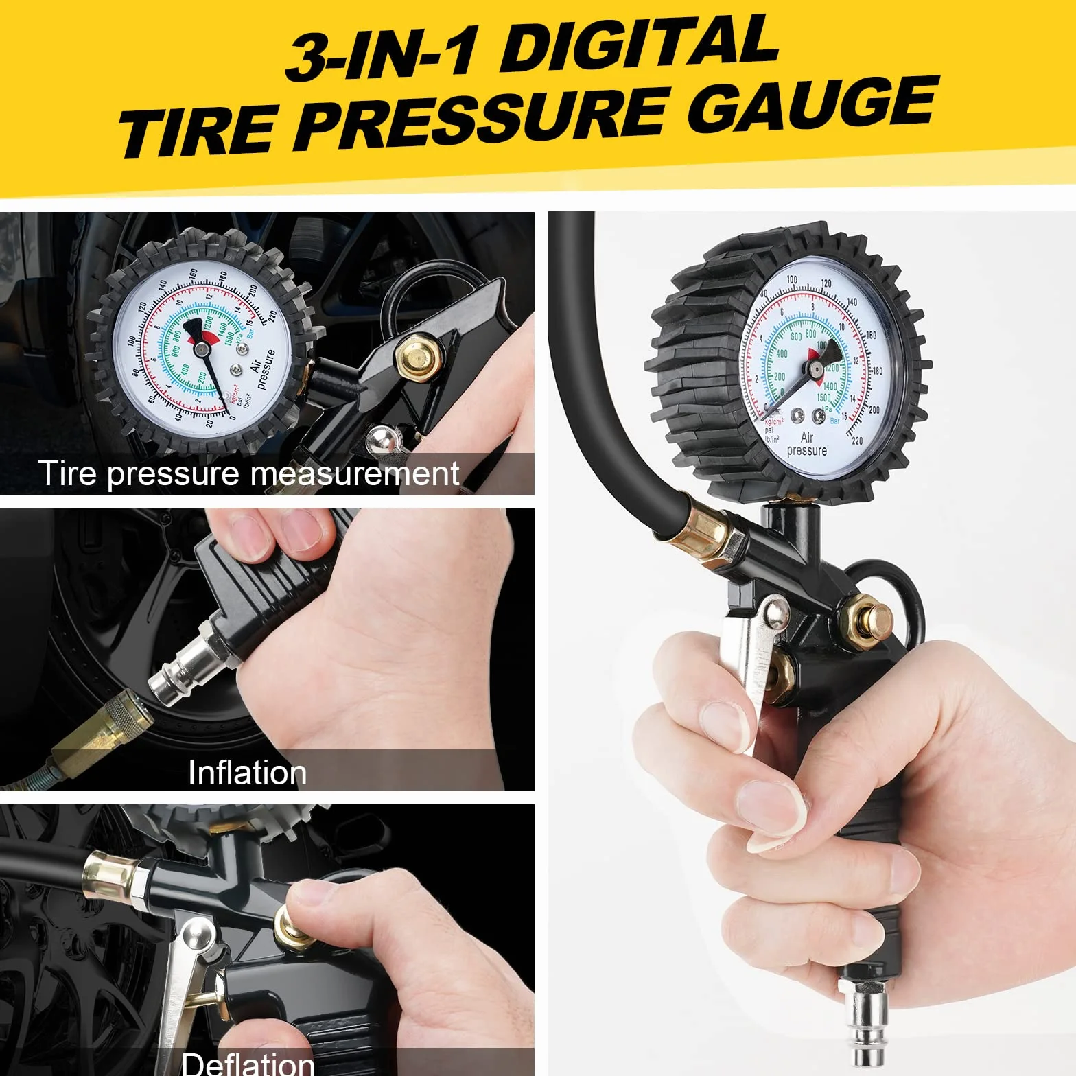 Manometr do opon, 220 PSI, pompka do opon z gumowym wężem, narzędzie rdzeniowe zaworu, akcesoria do sprężarek, adapter, nadaje się do sprężarki, samochodu, motocykla, roweru, ciężarówki