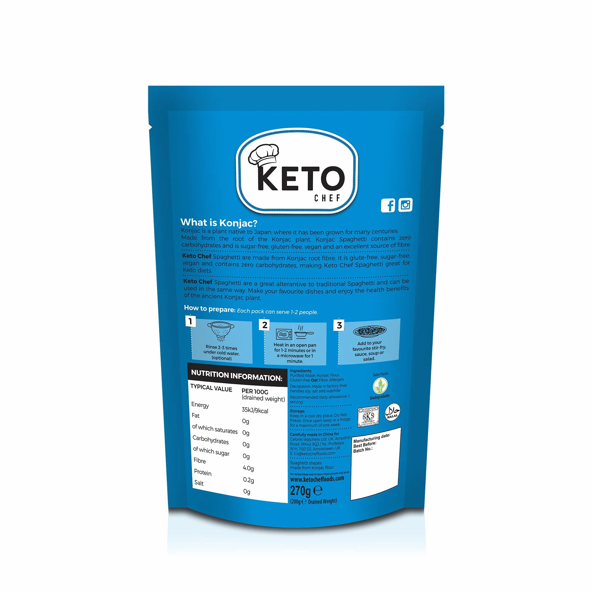 KETO CHEF Makaron Konjac Noodle Spaghetti Bezglutenowy Bio 270 G