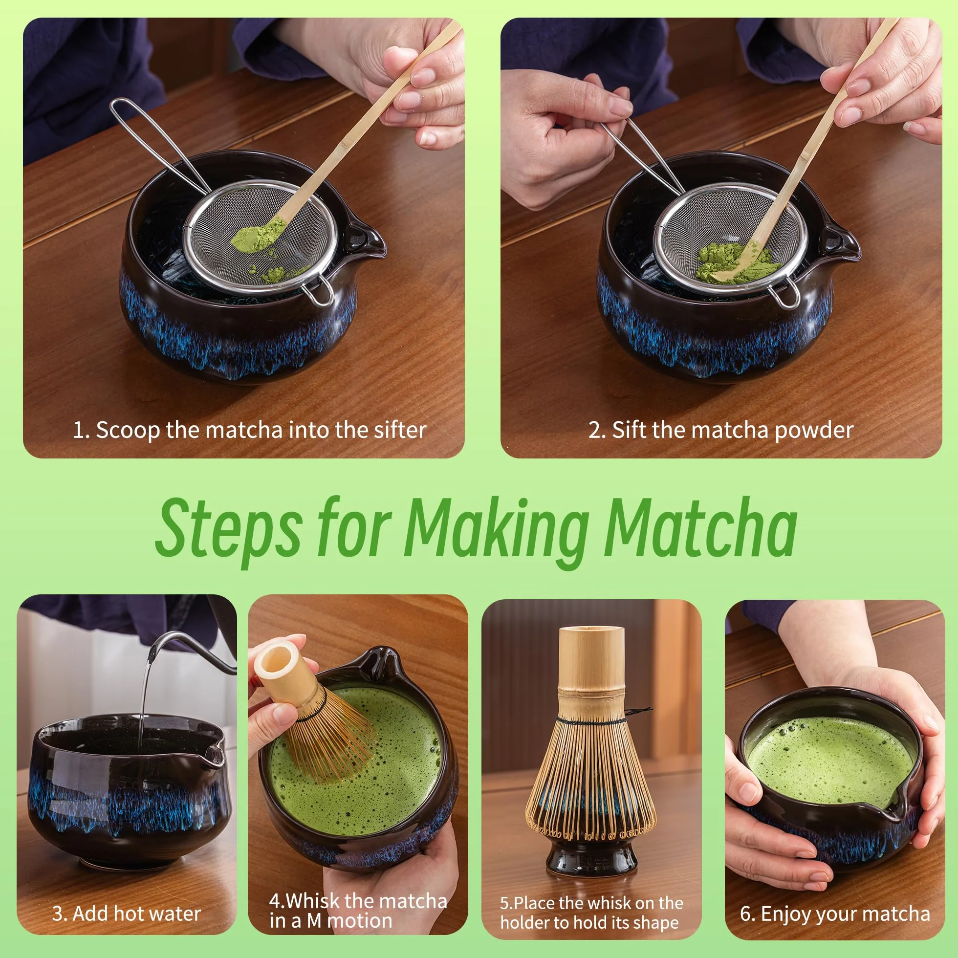TEANAGOO Zestaw do trzepaczki Matcha, zestaw matcha na ceremonię, zestaw do herbaty matcha do robienia śniadania/latte matcha, ceramiczna miska do matcha z wylewką i trzepaczką, prezent dla miłośnika