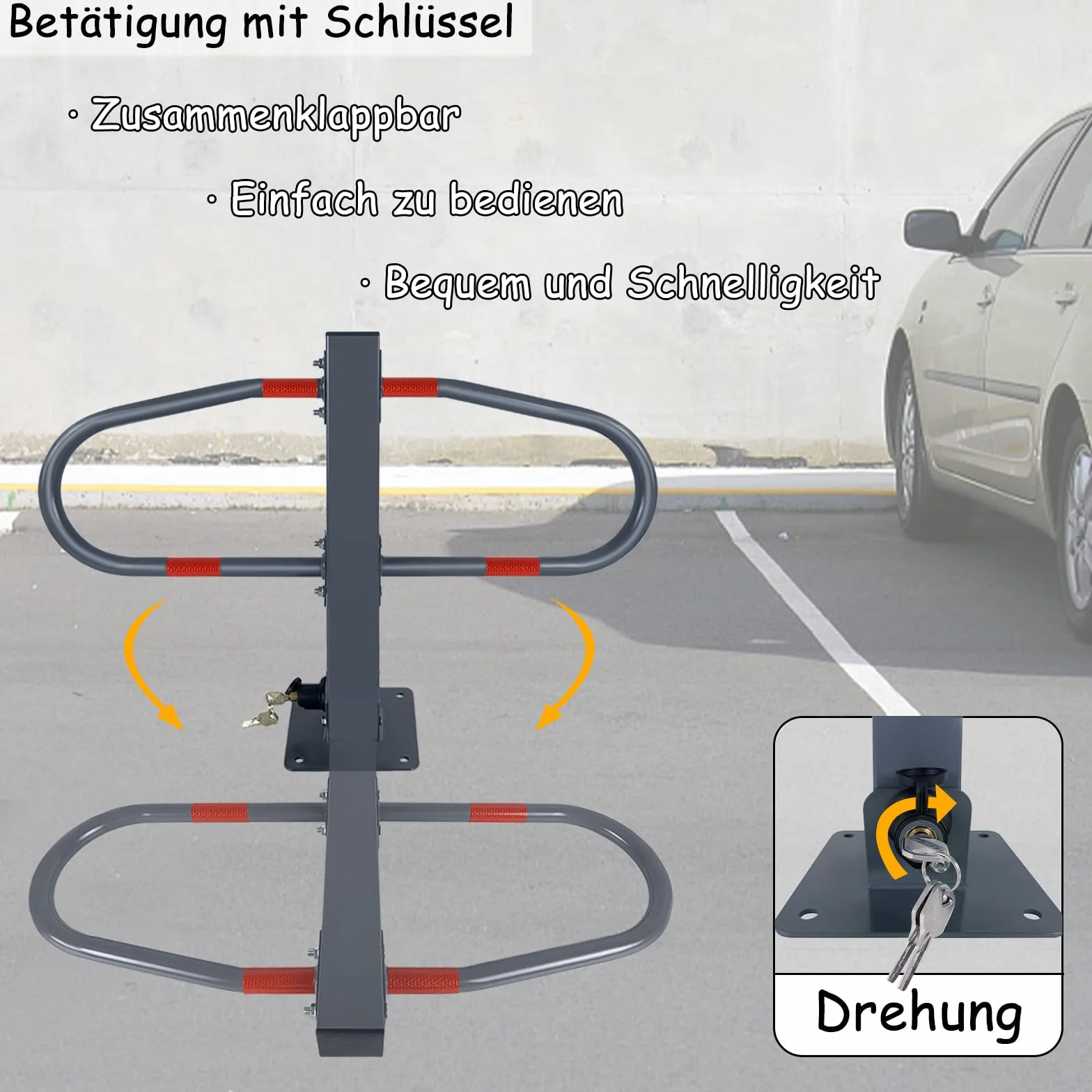 NAIZY Słupki parkingowe składane z 3 kluczami i odblaskową naklejką, pałąk parkingowy 73 x 51 cm, ocynkowany metal, do samochodów osobowych, parkingowych, kolor srebrny