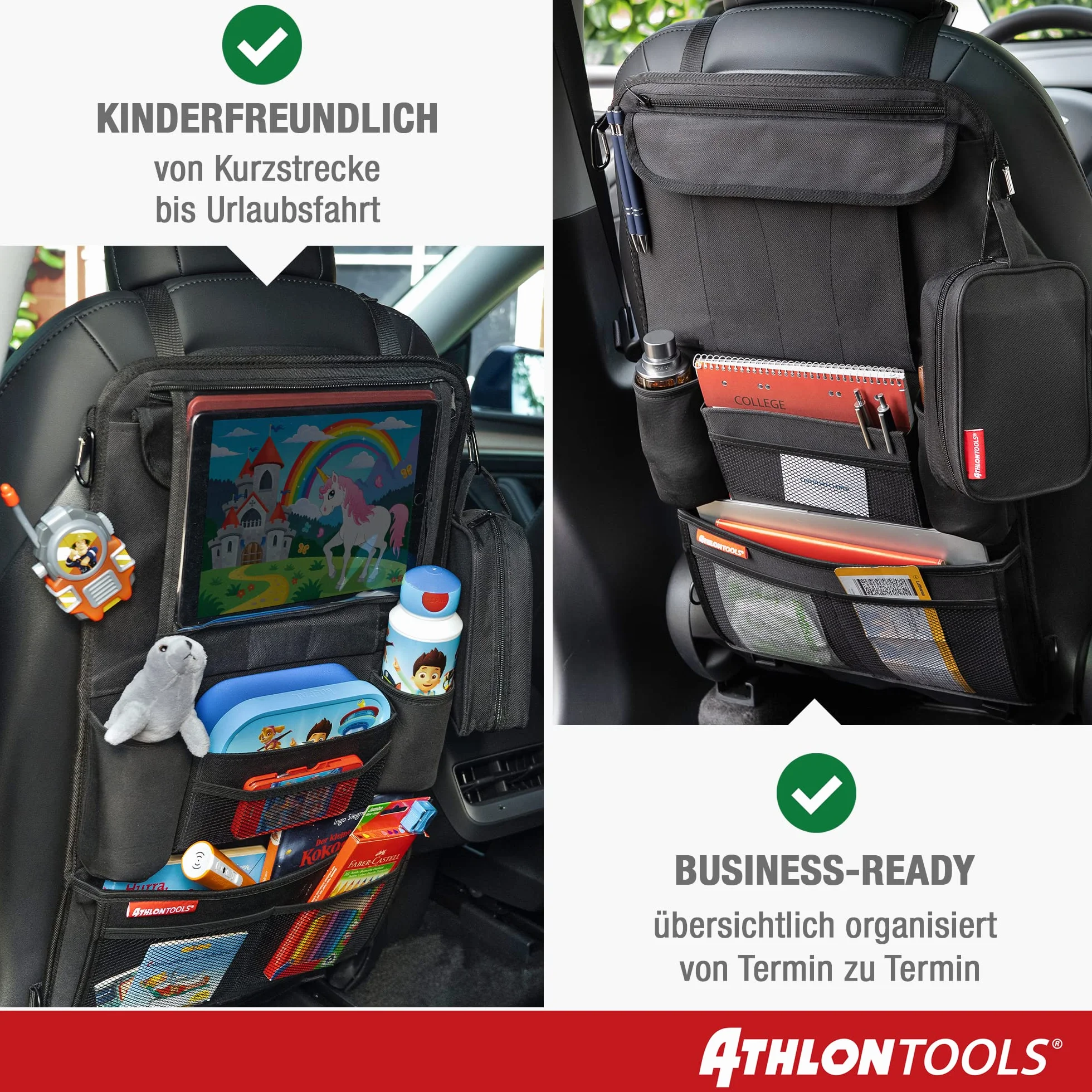 ATHLON TOOLS Organizer na fotel samochodowy ze zintegrowanym uchwytem na tablet, wzmocniony tył, z dodatkowym piórnikiem, biznesowy / dla dziec, zaprojektowany w Hamburgu (kolor czarny/zestaw 2 szt.)