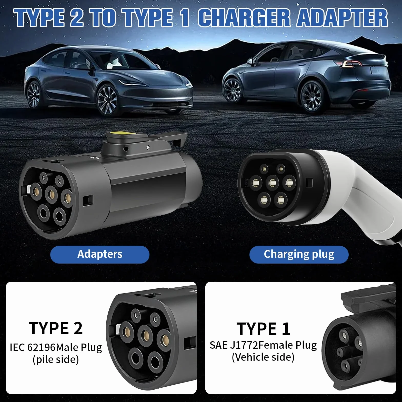 Adapter EV typu 2 do typu 1 - 32 A wysokiej jakości kabel do ładowania EV, adapter do ładowarki samochodowej, typ 2 do typu 1 EV + adapter do pojazdu elektrycznego, kabel do ładowania, ładowarka