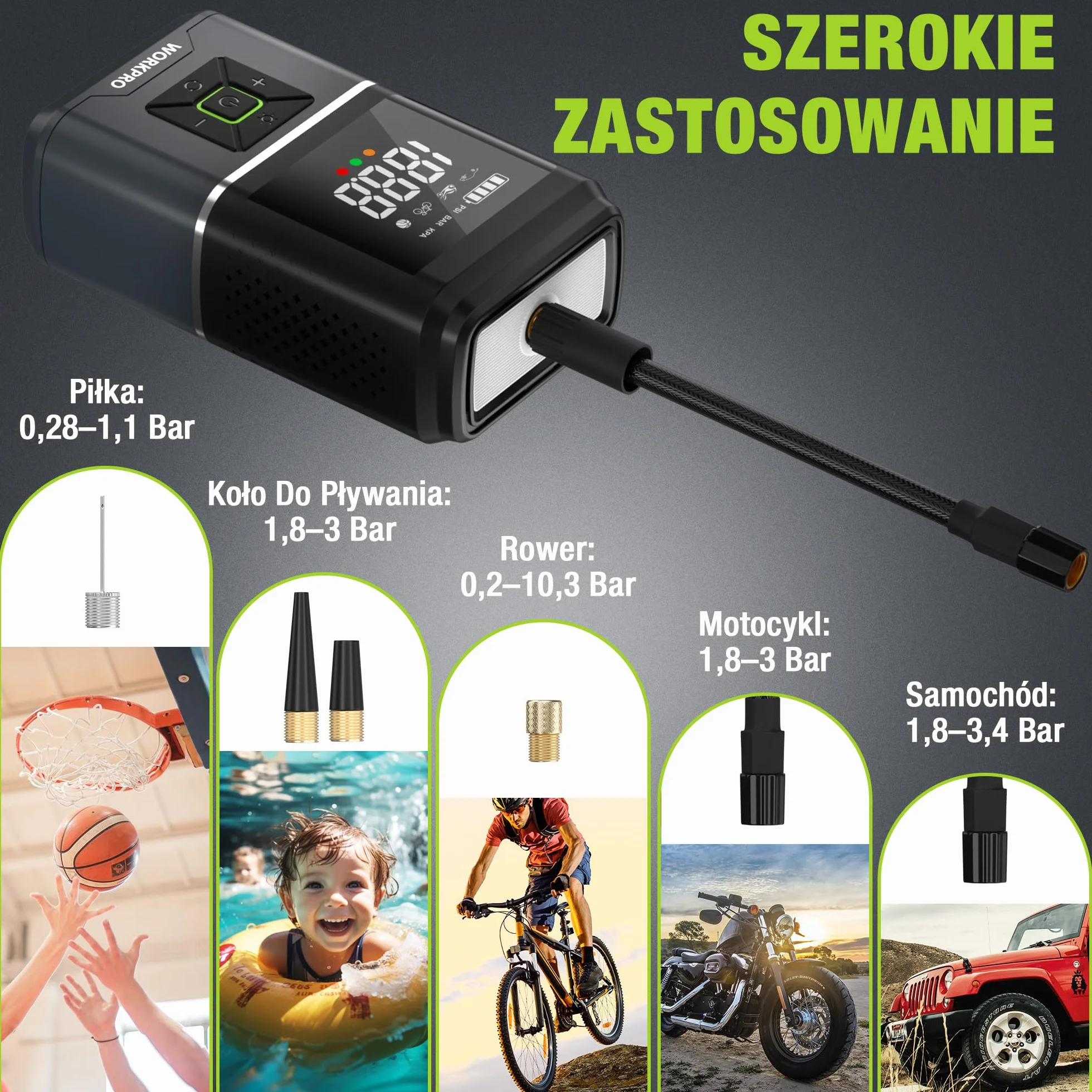 WORKPRO Bezprzewodowa sprężarka powietrza, 2500 mAh, 7,2 V, przenośna sprężarka powietrza z 4 trybami, 150 PSI, inteligentny cyfrowy wyświetlacz LED, SOS do samochodu, motocykla, piłki, rowerów