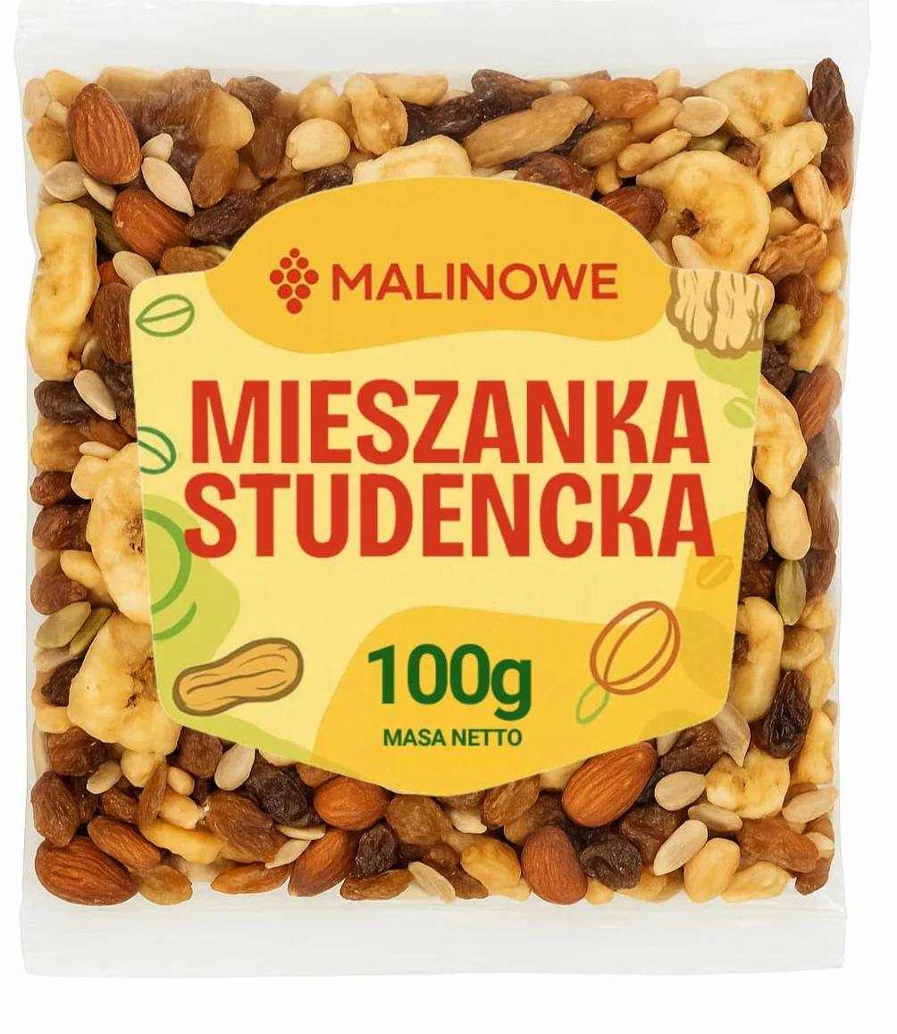 Malinowe MIESZANKA STUDENCKA 100g Mix Bakali z Orzechami i Suszonymi Owocami