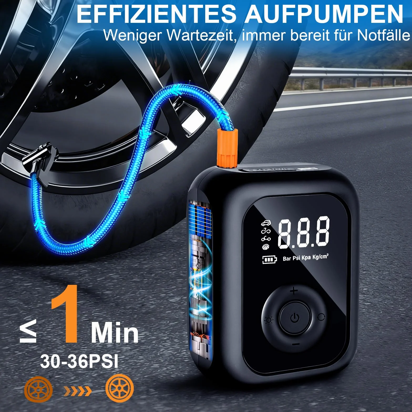 Przenośna sprężarka powietrza, 150 PSI, elektryczna pompka rowerowa, mini kompresor rowerowy z cyfrowym wyświetlaczem LED i oświetleniem LED, przenośna pompka elektryczna do rowerów, samochodów i