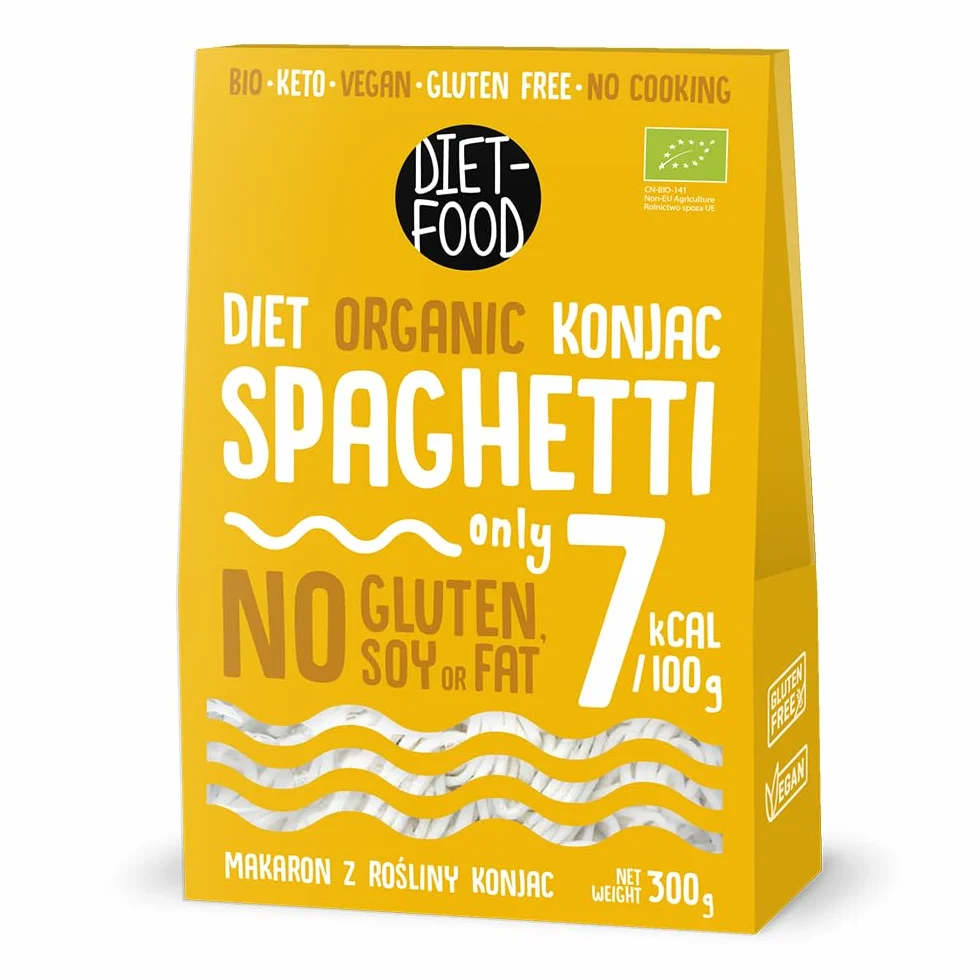 DIET-FOOD Bio Shirataki makaron spaghetti Noodles Low Carb, Konjak, niskokaloryczny, wegański, bez tłuszczu, soi, bezglutenowy, rozpuszczalny w wodzie, makaron dietetyczny, niska zawartość kalorii, 300 g (1 opakowanie)
