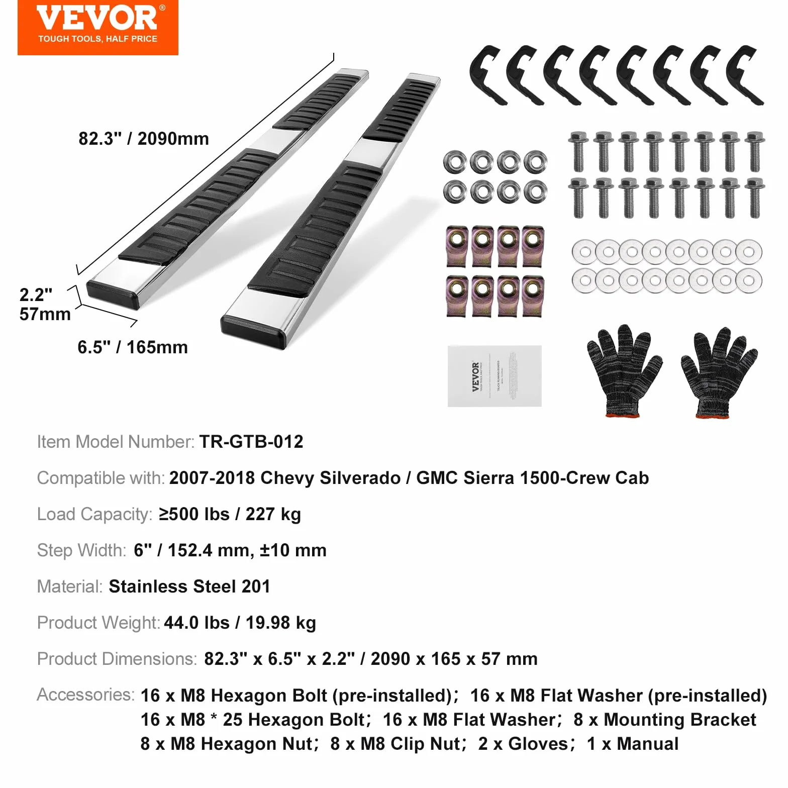 VEVOR Deski do biegania, 15 cm stopnie kompatybilne z Chevy Silverado/GMC Sierra 1500 Crew Cab/2019 2500HD 3500HD 1500 LD, stopnie boczne ze stali nierdzewnej 201, nośność 226 kg, 2 sztuki