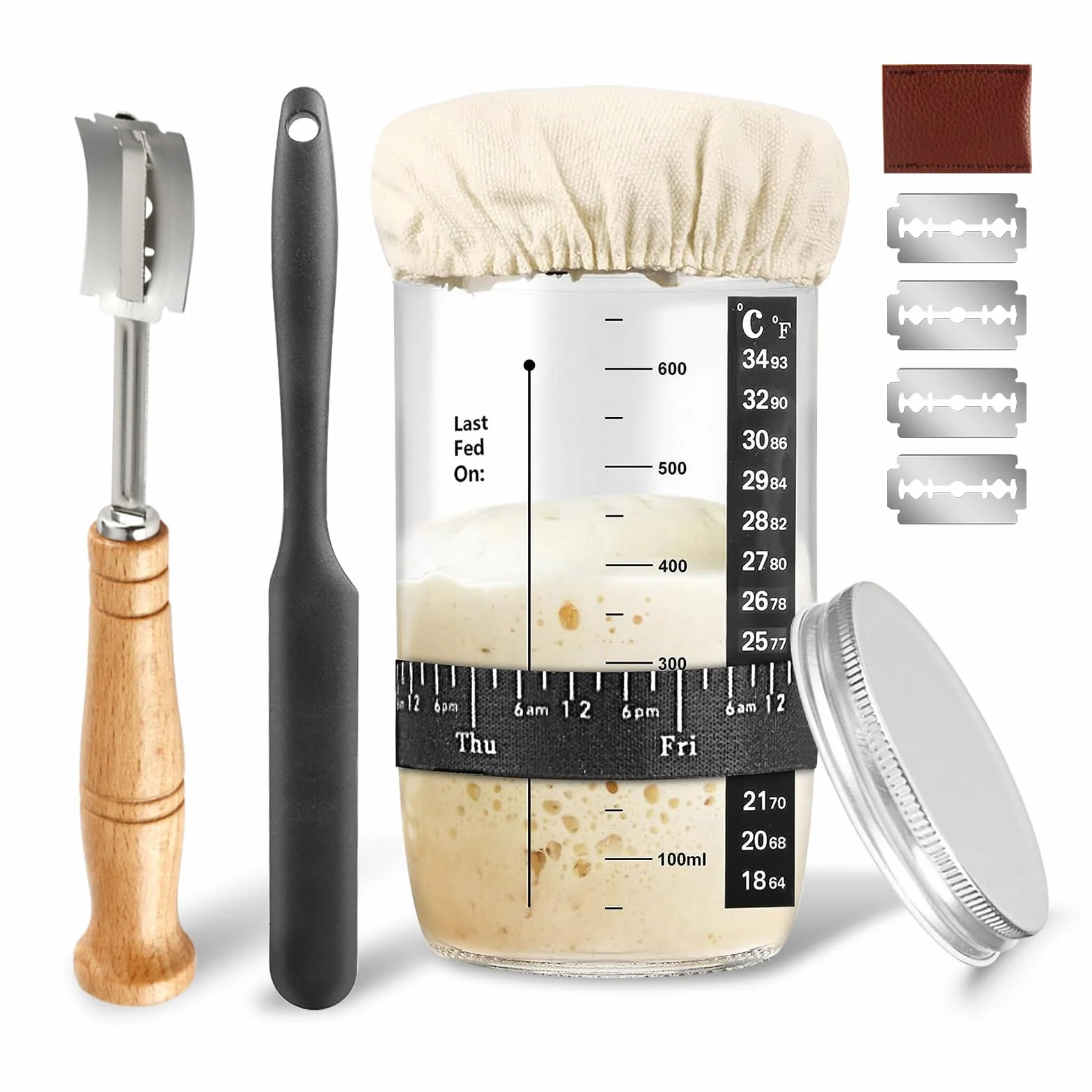 Sourdough zestaw startowy 24 oz Sourdough Starter Jar z termometrem, taśma do karmienia z datą, pokrywa i metalowa pokrywka, szpatułka, zestaw startowy do pieczenia