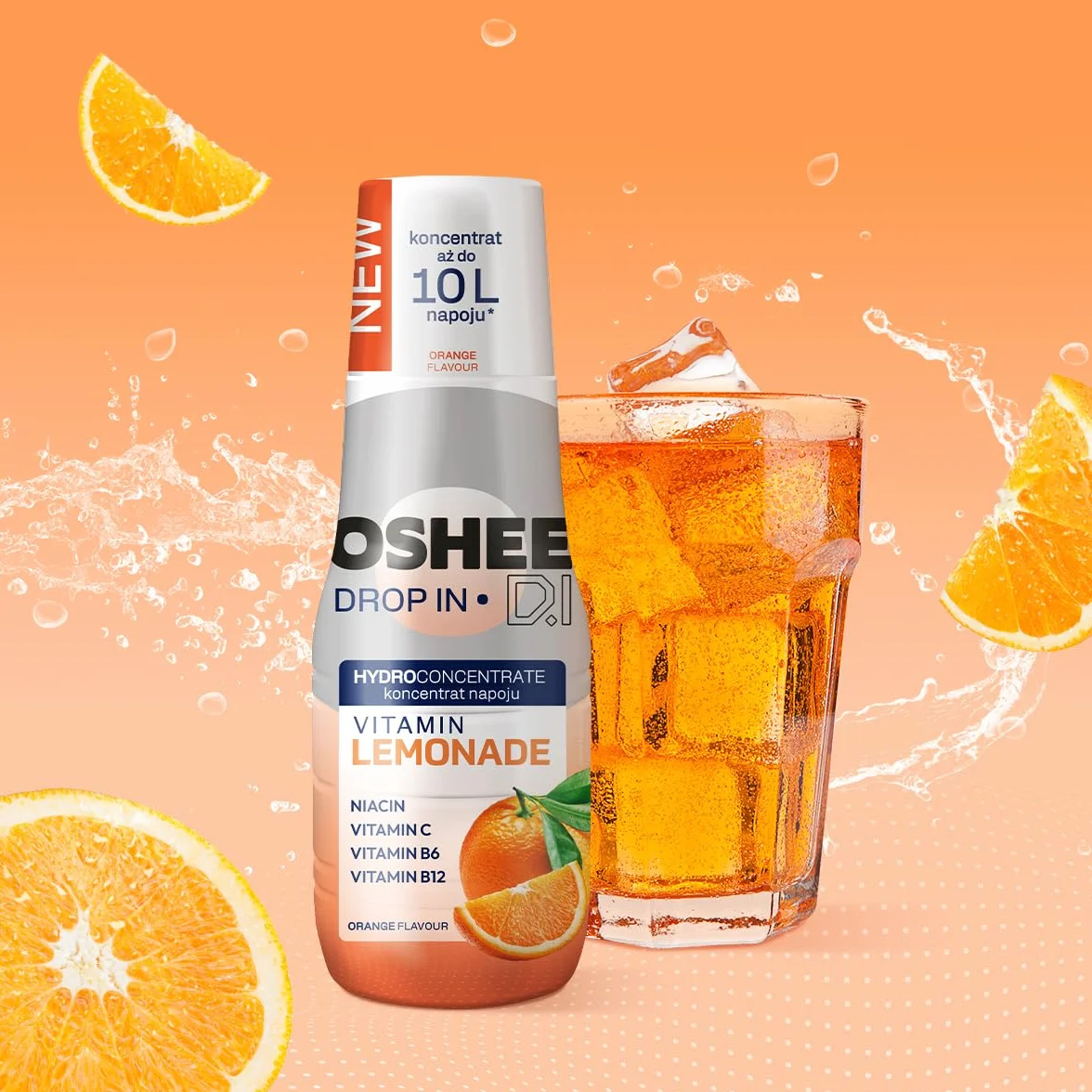 OSHEE DROP IN, Hydrokoncentrat Witaminowy, Smak Pomarańczowy, z Witaminami B6 B12 Niacyną i Kwasem Foliowym, Butelka 500 ml, Koncentrat do Rozcieńczania