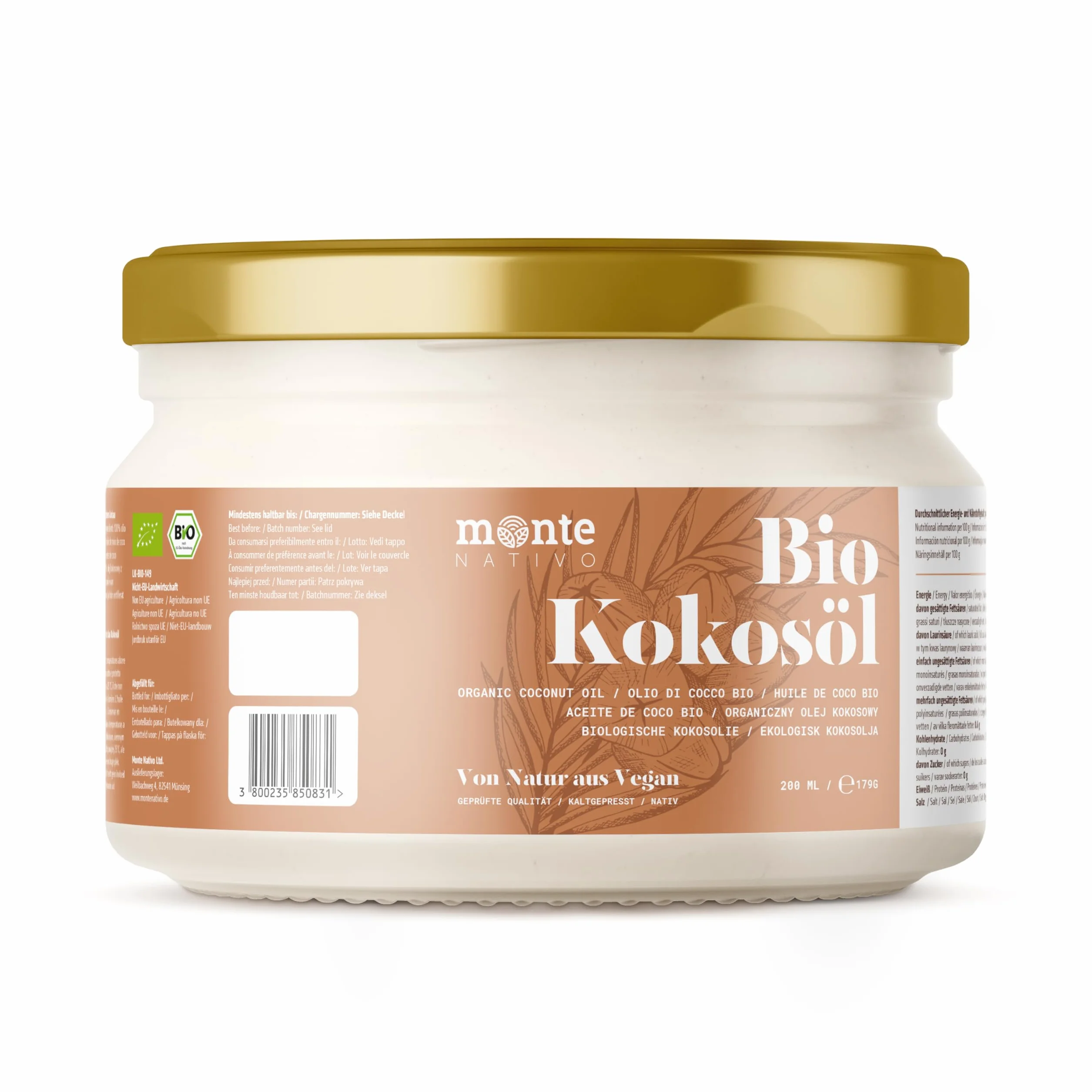Olej kokosowy Bio Monte Nativo 200 ml czysty tłuszcz kokosowy ekologiczny tłoczony na zimno do gotowania