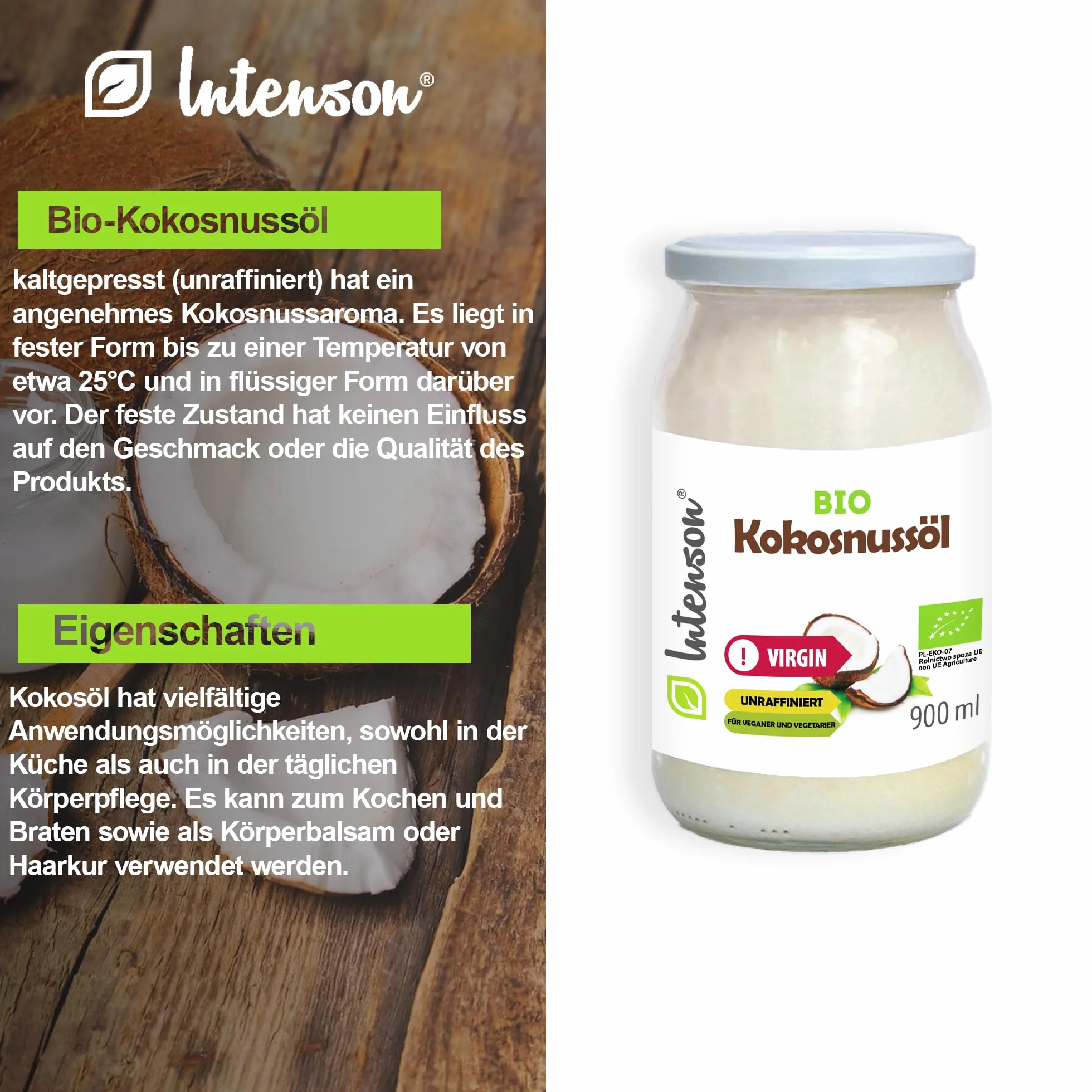 Intenson Organiczny Olej Kokosowy z pierwszego tłoczenia 900 ml Tłoczony na zimno Nierafinowany Wegański