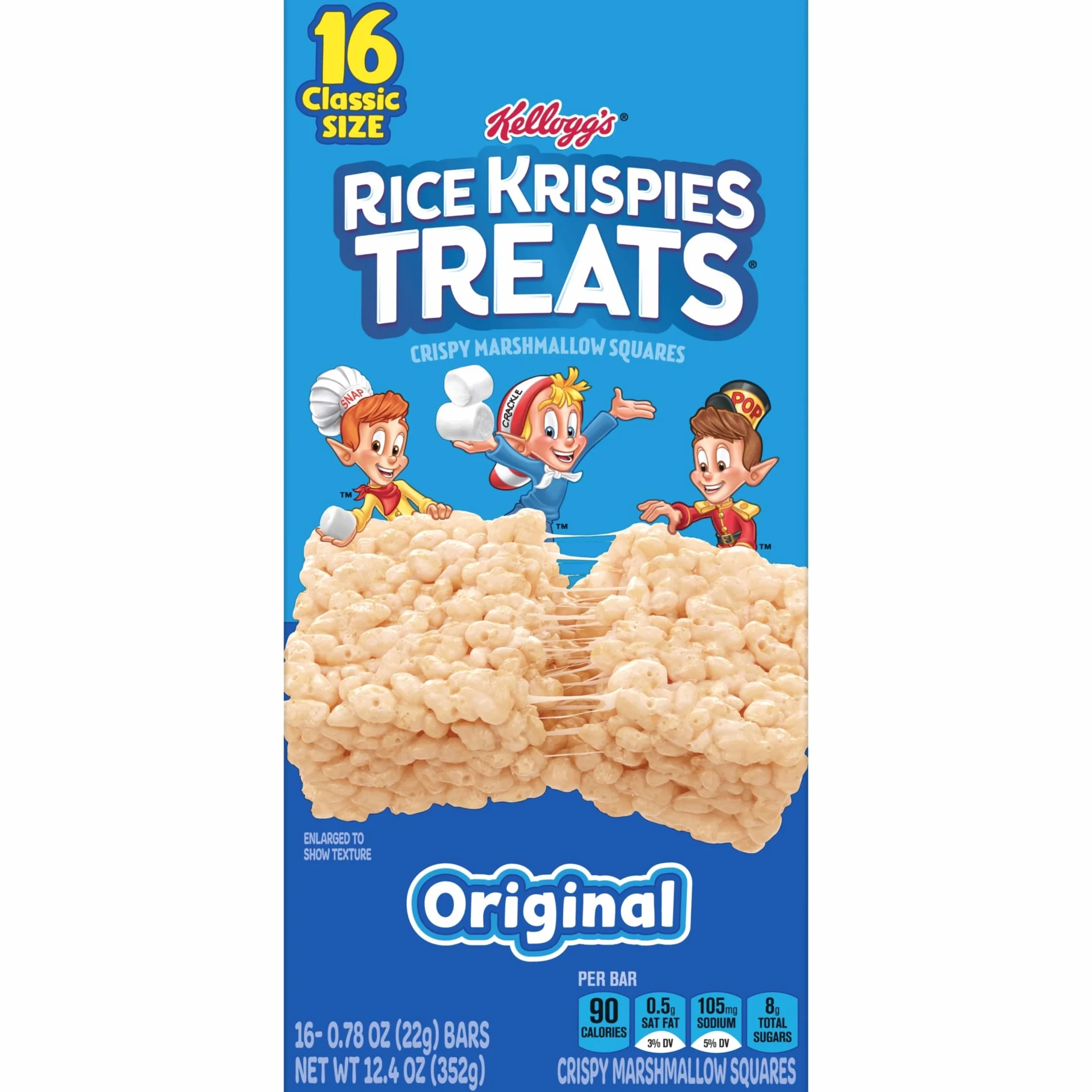 Rice Krispies Treats Crispy Marshmallow Squares, Kids Snacks, Snack Bars, Original, 12.4oz Box (16 Bars)