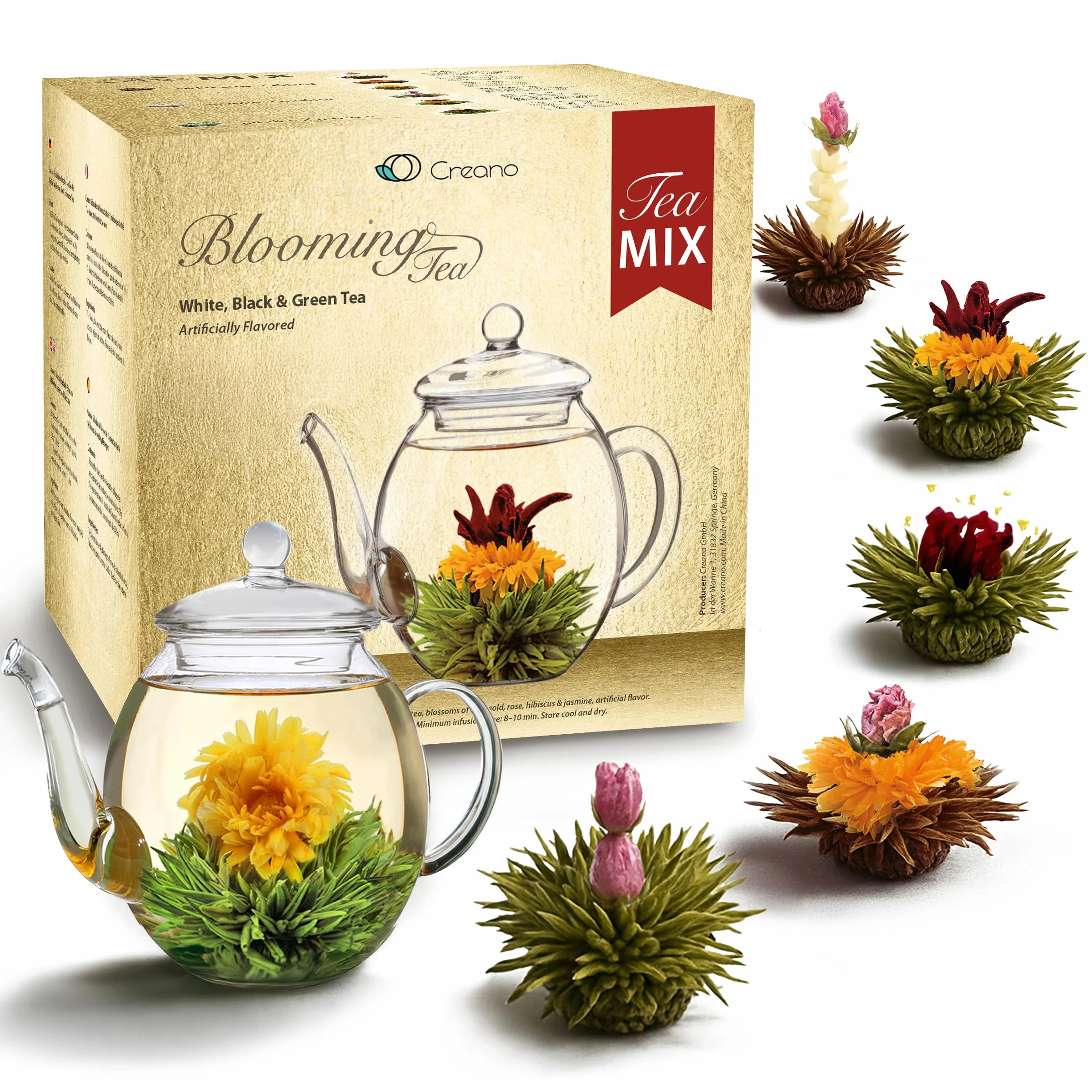 Zestaw upominkowy Creano Flowering Tea Mix – Złoty, Herbata Kwitnąca w Szklanym Imbryku, Biała, Zielona i Czarna Herbata w 6 Odmianach, Prezent dla Kobiety, 7 Sztuk