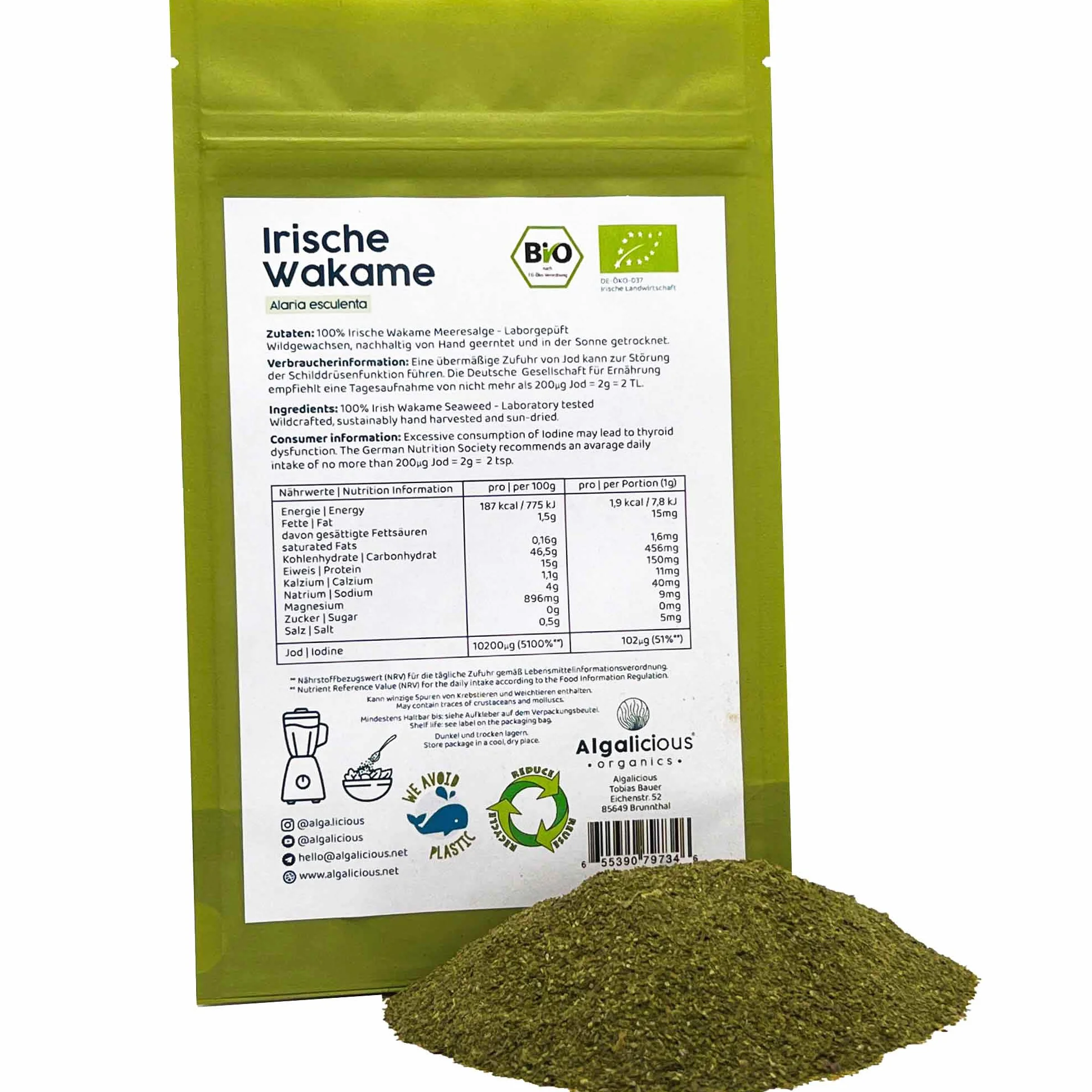 ALGALICIOUS Bio Wakame Płatki | 50 g certyfikowanych irlandzkich wodorostów 2 mm | Francuska kontrola jakości | zrównoważone ręczne zbieranie