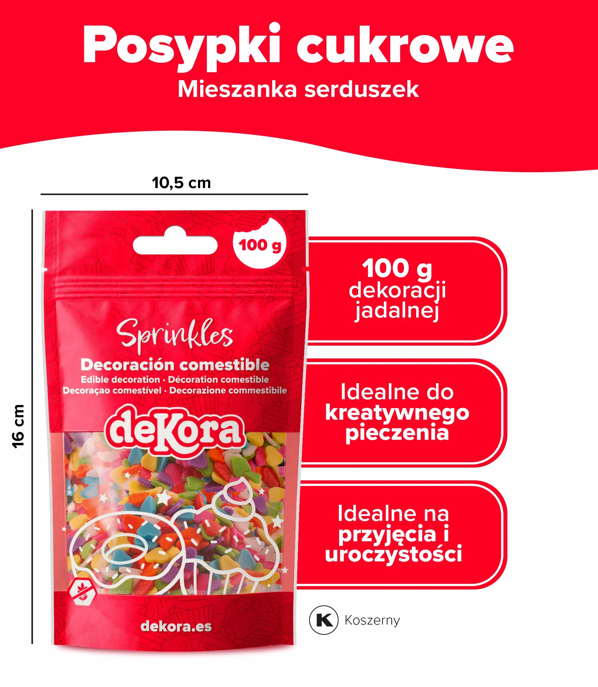 dekora - Sprinkles cukrowe serduszka wielokolorowe, 100 g – posypka do dekoracji tortu, babeczek i deserów – na Walentynki i urodziny