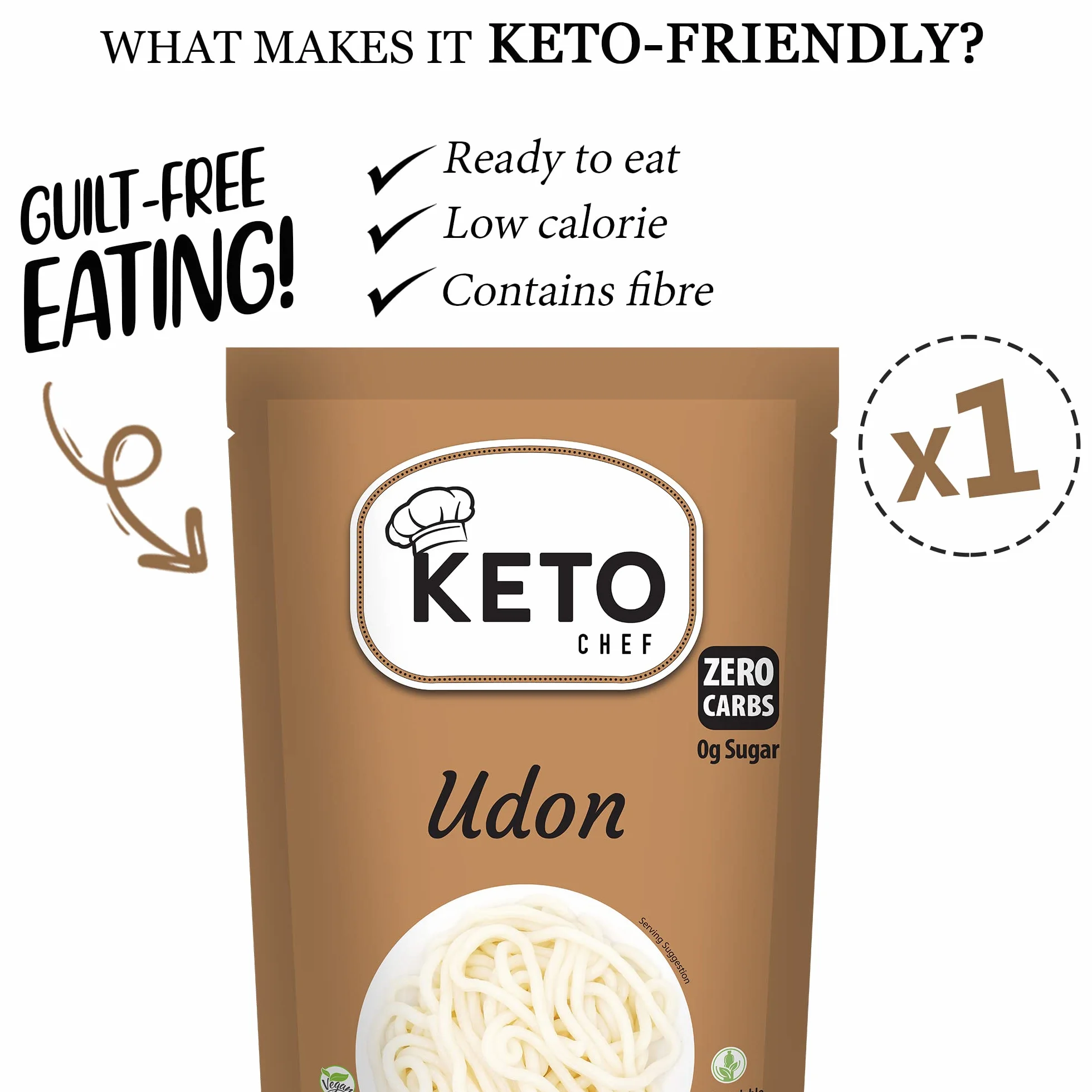 Keto Chef Gruby makaron instant Udon - Konjac wegański makaron, bez tłuszczu, cukru i węglowodanów, z mąki, zdrowe, niskokaloryczne jedzenie, gotowe do spożycia, 270 g