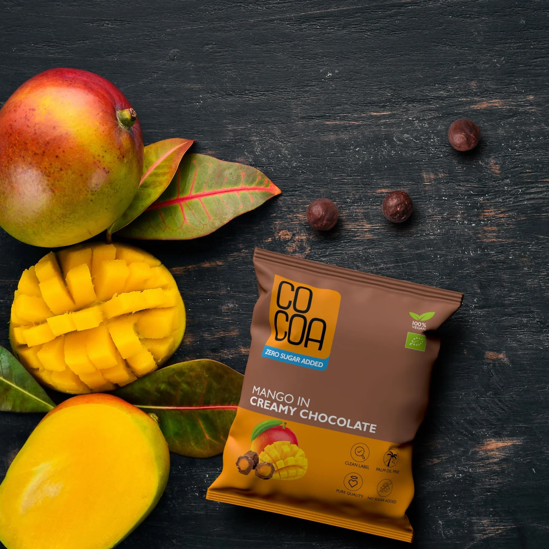 CO COA Mango w kremowej czekoladzie BIO 70g – Bezcukrowe słodycze dla wegan, gorąca czekolada z prebiotykami, czekolada bez cukru, bez laktozy, GMO i oleju palmowego – Wegańska BIO przekąska