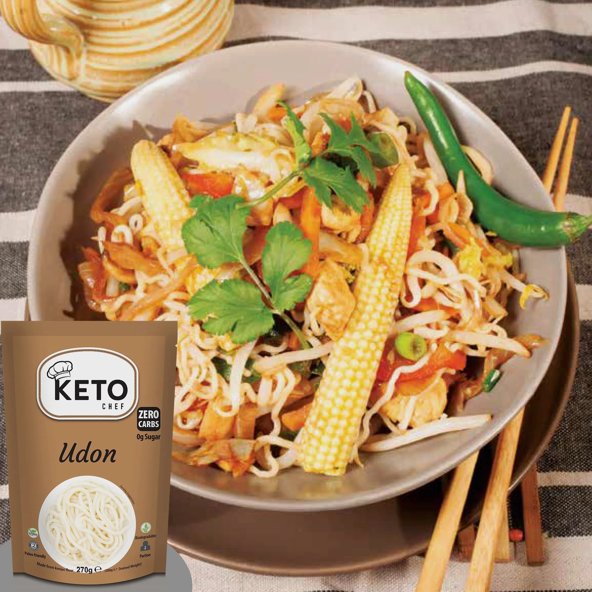 Keto Chef Gruby makaron instant Udon - Konjac wegański makaron, bez tłuszczu, cukru i węglowodanów, z mąki, zdrowe, niskokaloryczne jedzenie, gotowe do spożycia, 270 g
