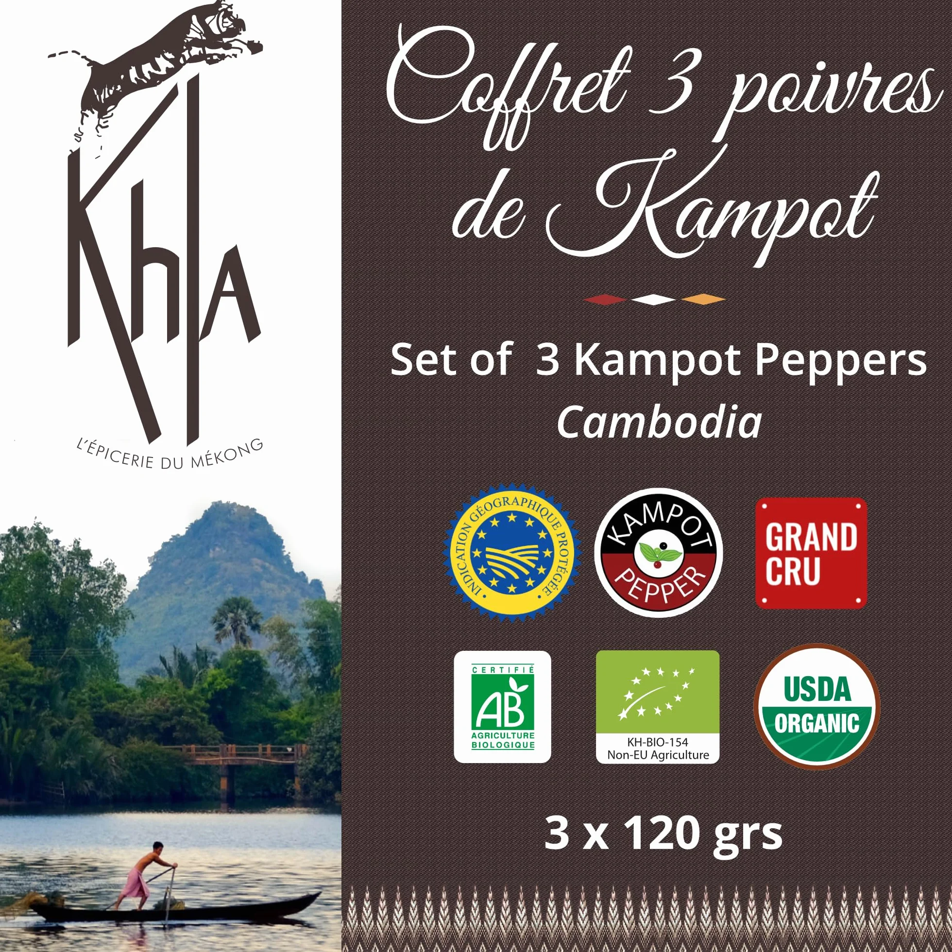 Zestaw 3 sztuk pieprzu Kampot - czarny, biały, czerwony - 3 x 120 g