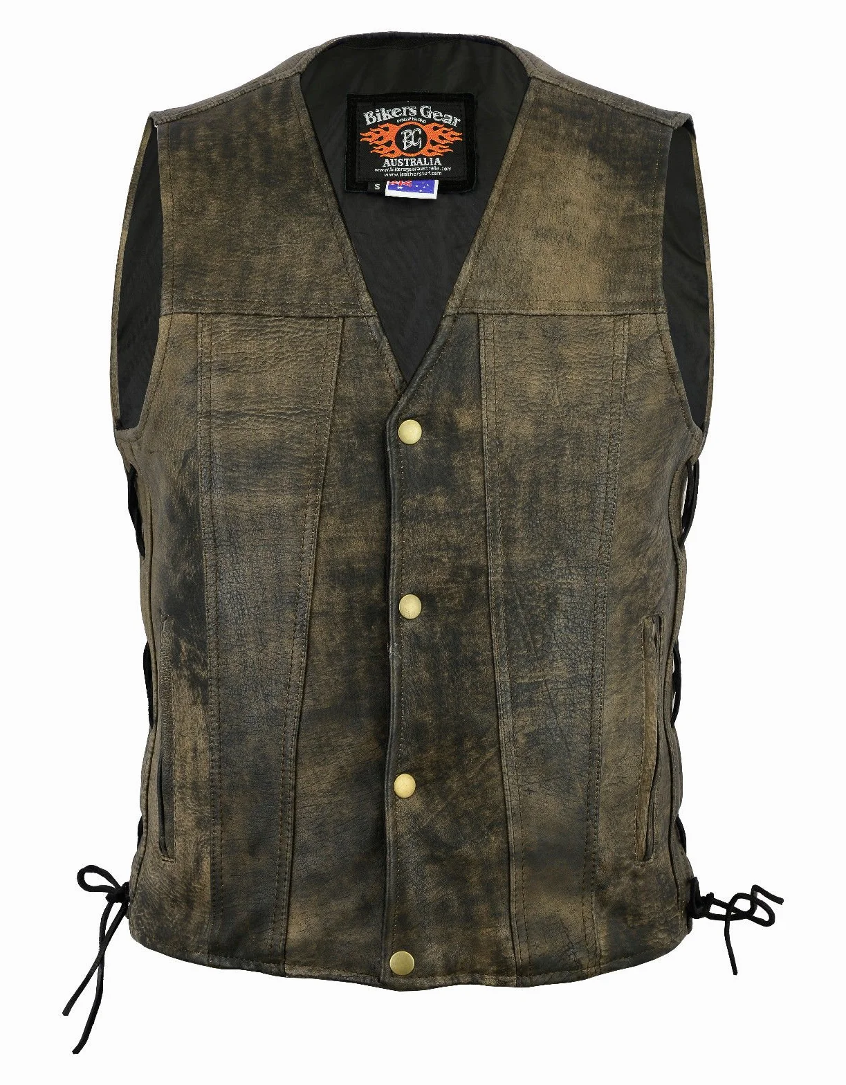 Bikers Gear Australia Premium 1,3 mm miękka skóra bydlęca styl harley kamizelka z regulowanymi koronkowymi bokami i kieszeniami, postarzany brąz, rozmiar M