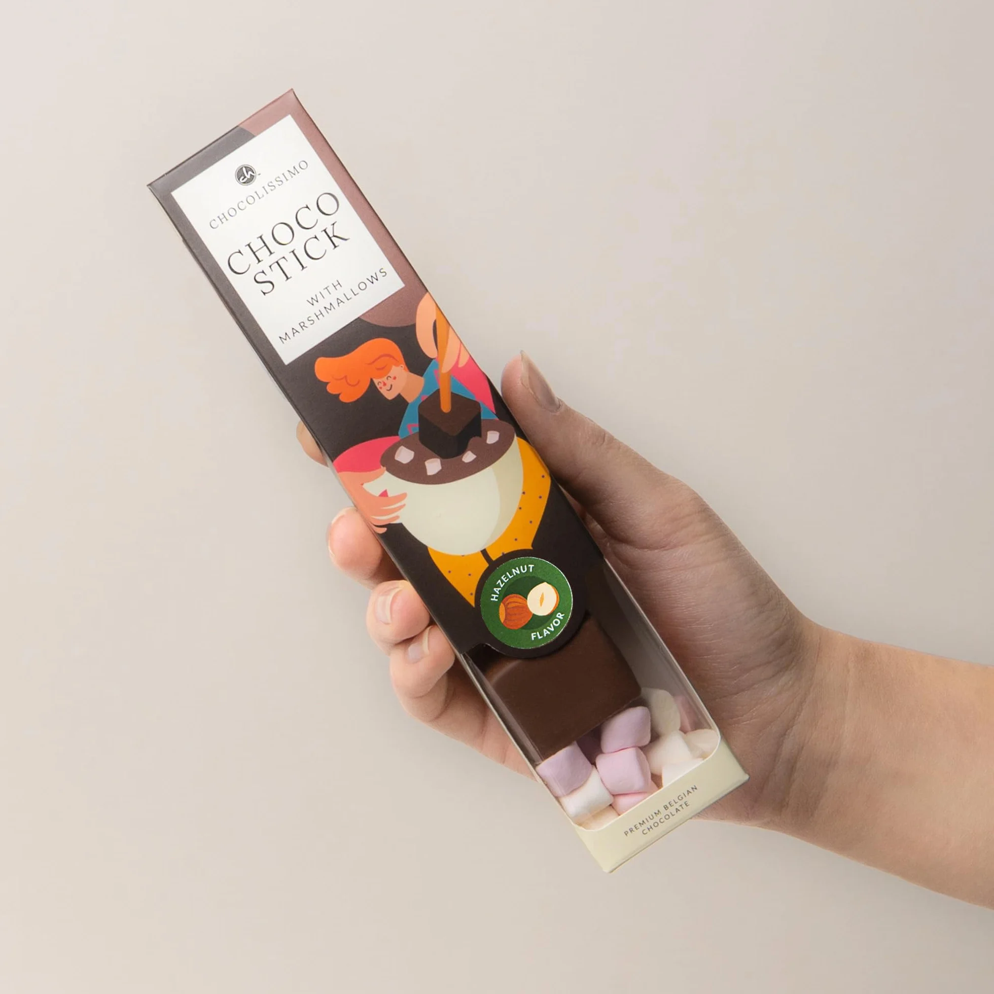 CHOCOLISSIMO – ChocoStick Orzech laskowy – Pomysł na prezent – Belgijska czekolada do picia z orzechami laskowymi na patyku z piankami marshmallow – orzechowa edycja zimowa – kremowy gorący napój
