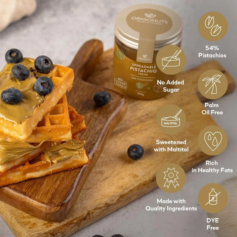 ORIGONUTS - Krem Pistacjowy - Pasta Pistacjowa 54% pistacji, słodzona maltitolem, bez cukru i oleju palmowego - do ciast, ciasteczek, tortów, kremów, deserów, do lodów - 200g